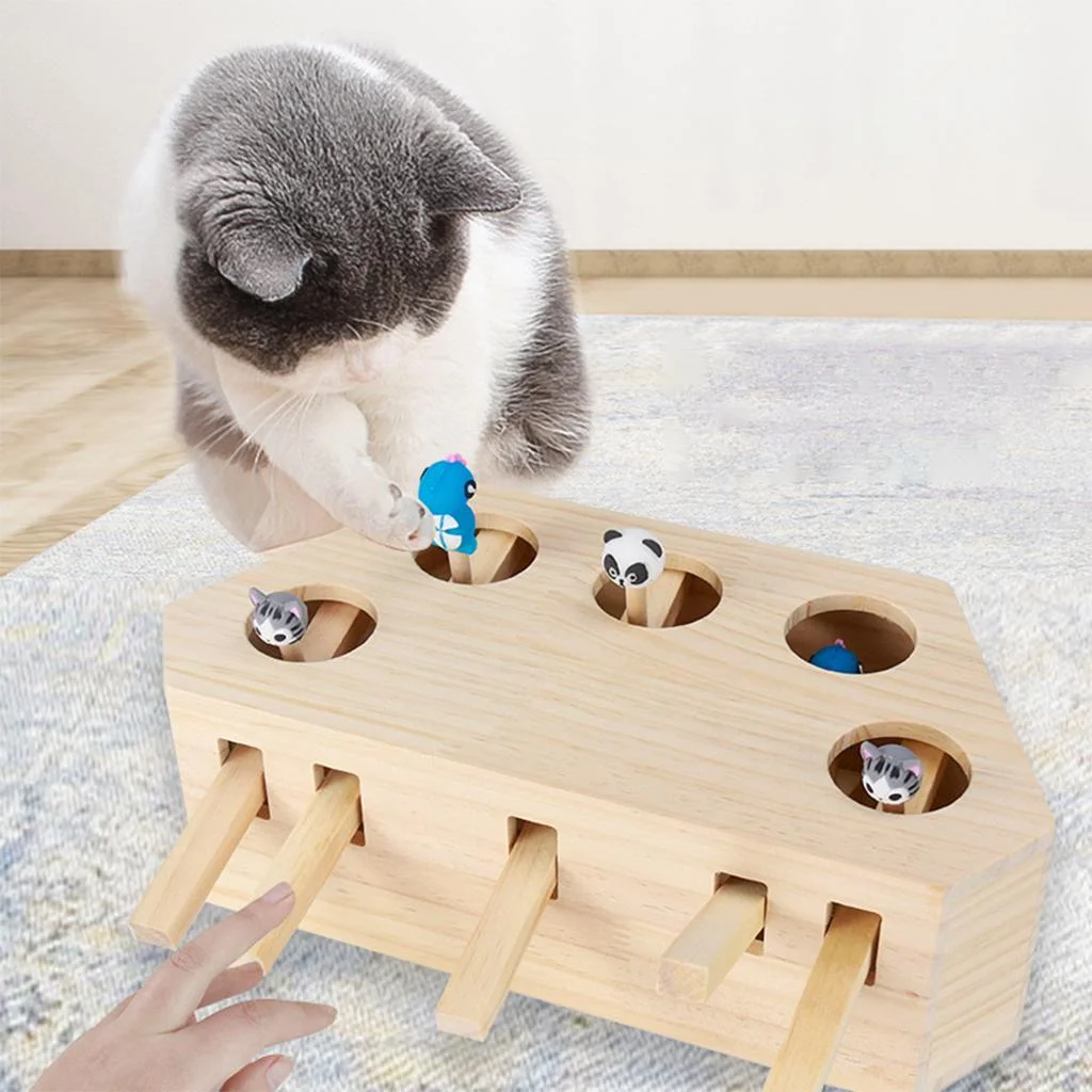 Wooden Cat Toy Box, Kitten Toy Puzzle Box with Cartoon Animal, Cat Toys - 5 Holes