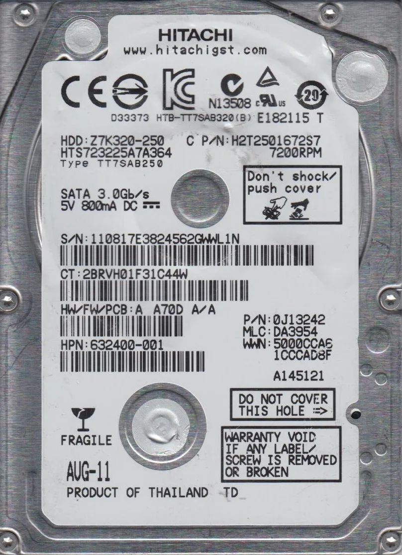 HTS723225A7A364, PN 0J13242, MLC DA3954, Hitachi 250GB SATA 2.5 Hard Drive