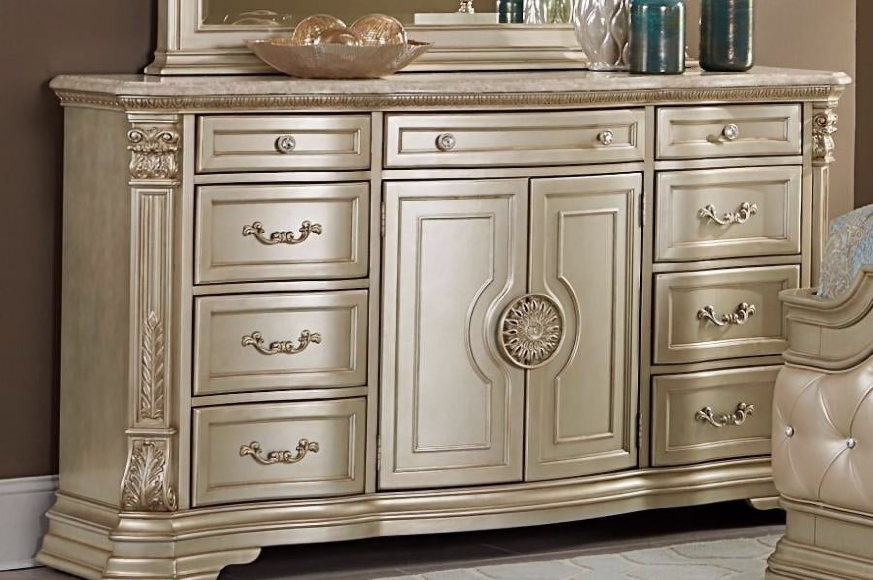 Traditional Wooden Dresser With Marble Top, Champagne Gold