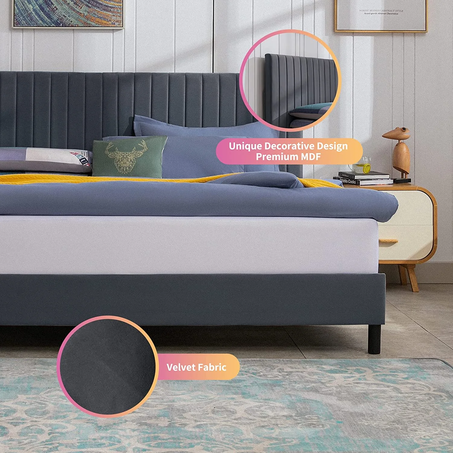 Mixoy King Size Platform Bed Frame with Adjustable High Headboard, Upholstered Velvet Bed Frame with Solid Support,No Box Spring Needed,Easy Assembly(Dark Grey,King)