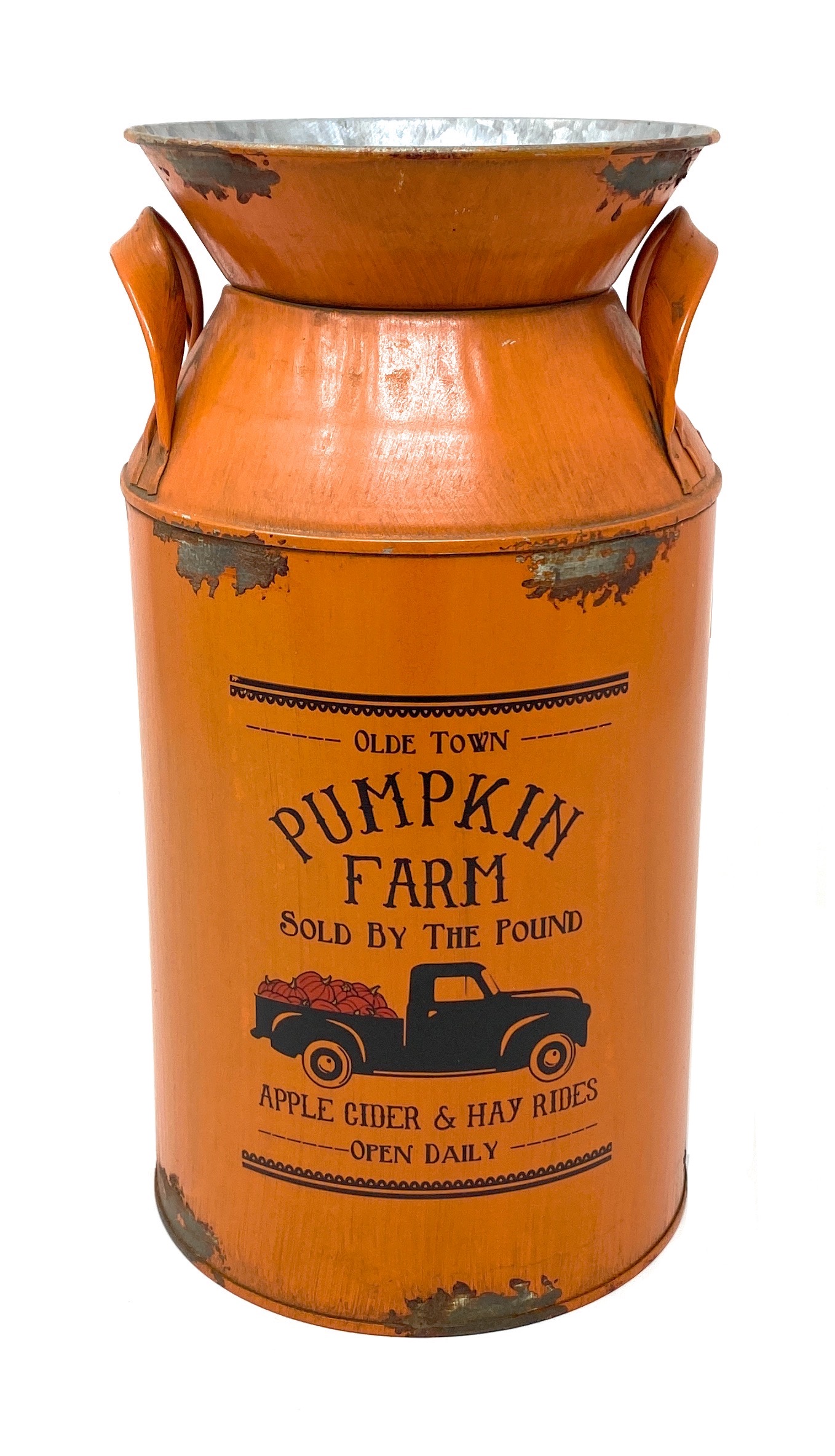 Metal Orange Pumpkin Farm Milk Can Water Jug Vase Vintage Rustic Seasonal Fall Thanksgiving Accessory  9.5