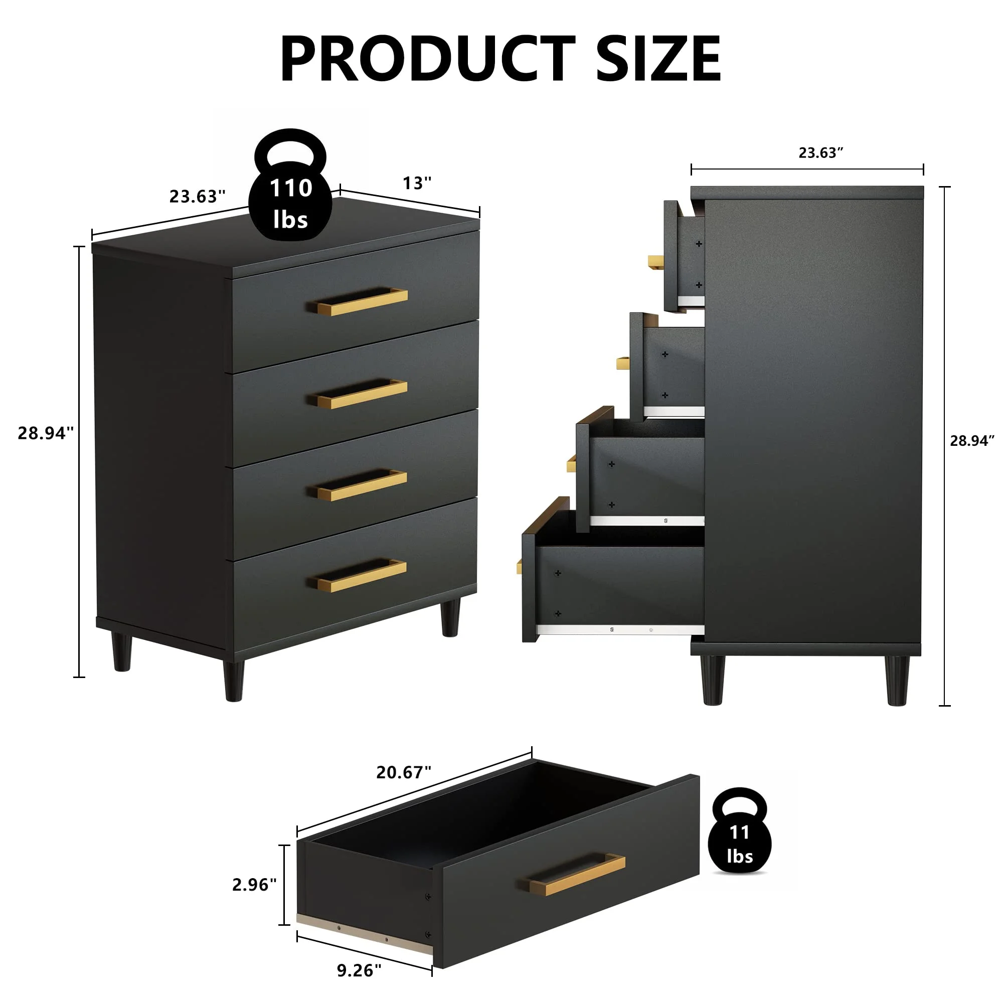 AWQM Drawer Dresser, Modern Dresser Chest with 4 Drawers and Metal Handles, for Bedroom, Office, Living Room, Black