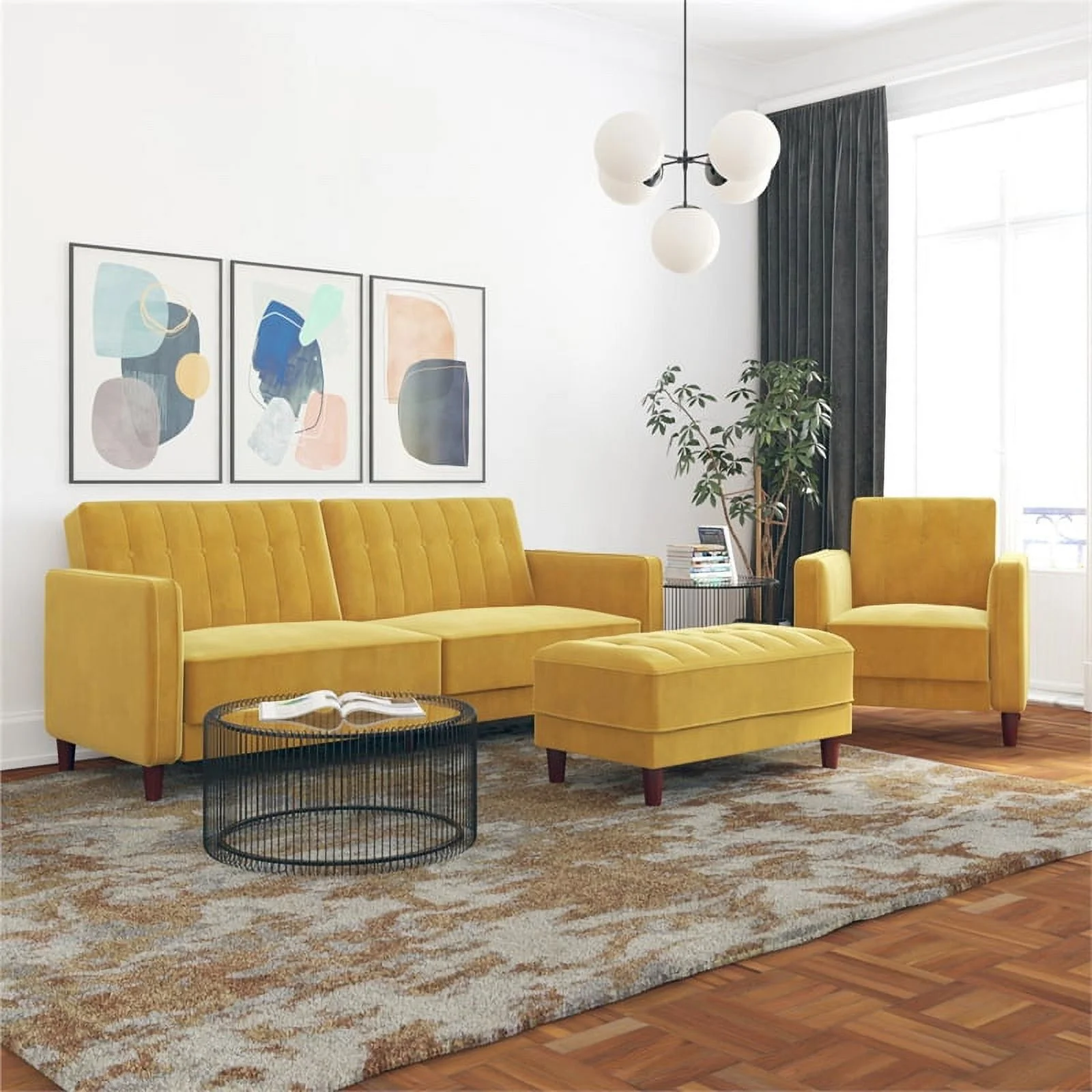DHP Ivana Mid-Century Wood Tufted Transitional Velvet Futon in Mustard Yellow