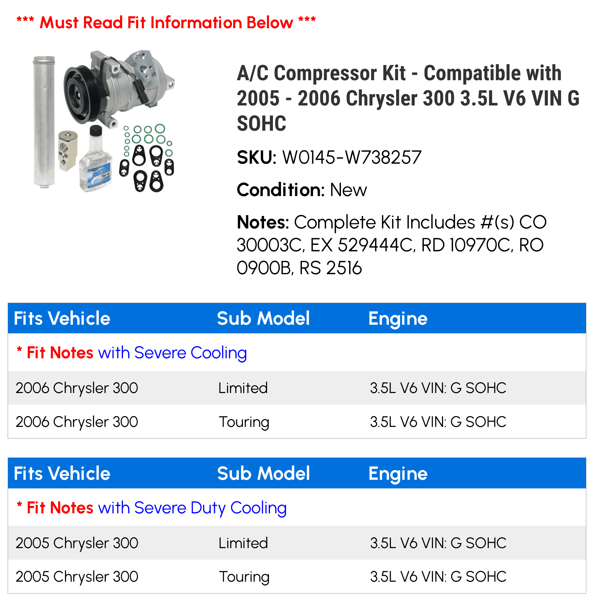 A/C Compressor Kit - Compatible with 2005 - 2006 Chrysler 300 3.5L V6 VIN G SOHC