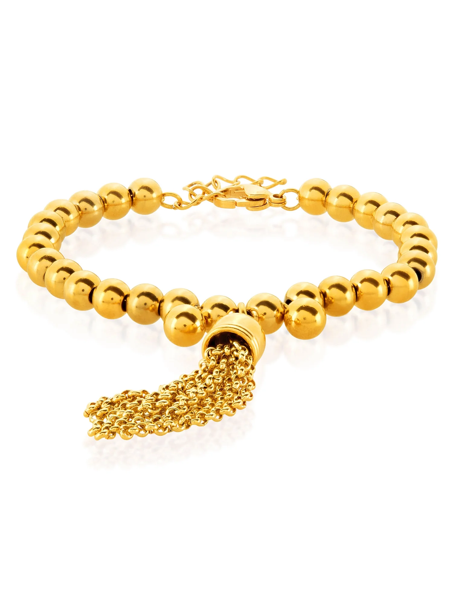 Gold Plated Tassel Beaded Stainless Steel Bracelet (6mm) - 6.5