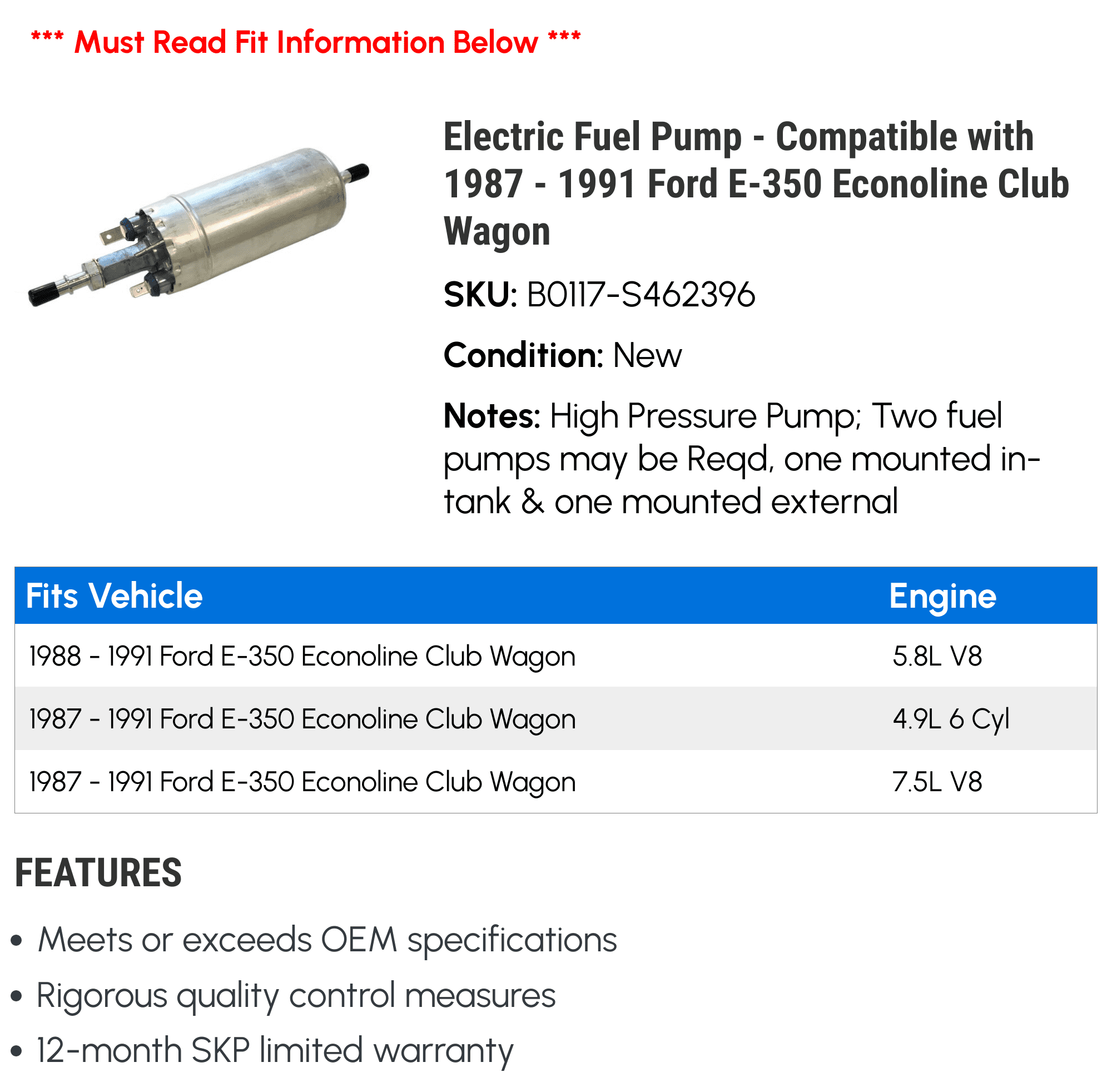 Electric Fuel Pump - Compatible with 1987 - 1991 Ford E-350 Econoline Club Wagon 1988 1989 1990