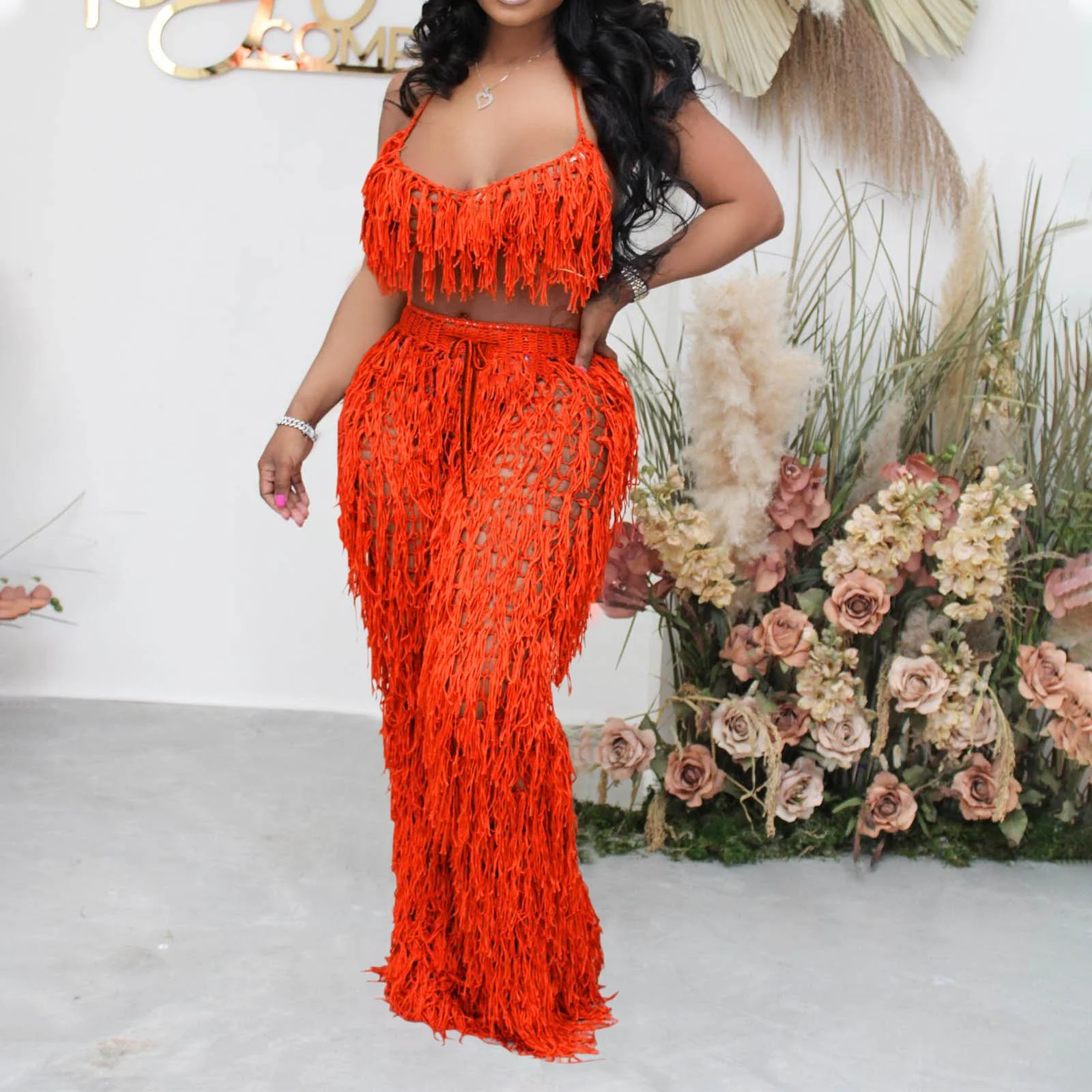 PMUYBHF Birthday Outfits for Women Two Piece Women's Fashion Casual Hand Crochet Tassel Matching Beach Two Piece Set Spaghetti Strap Crop Top and Knitted Wide Leg Pants Tracksuit