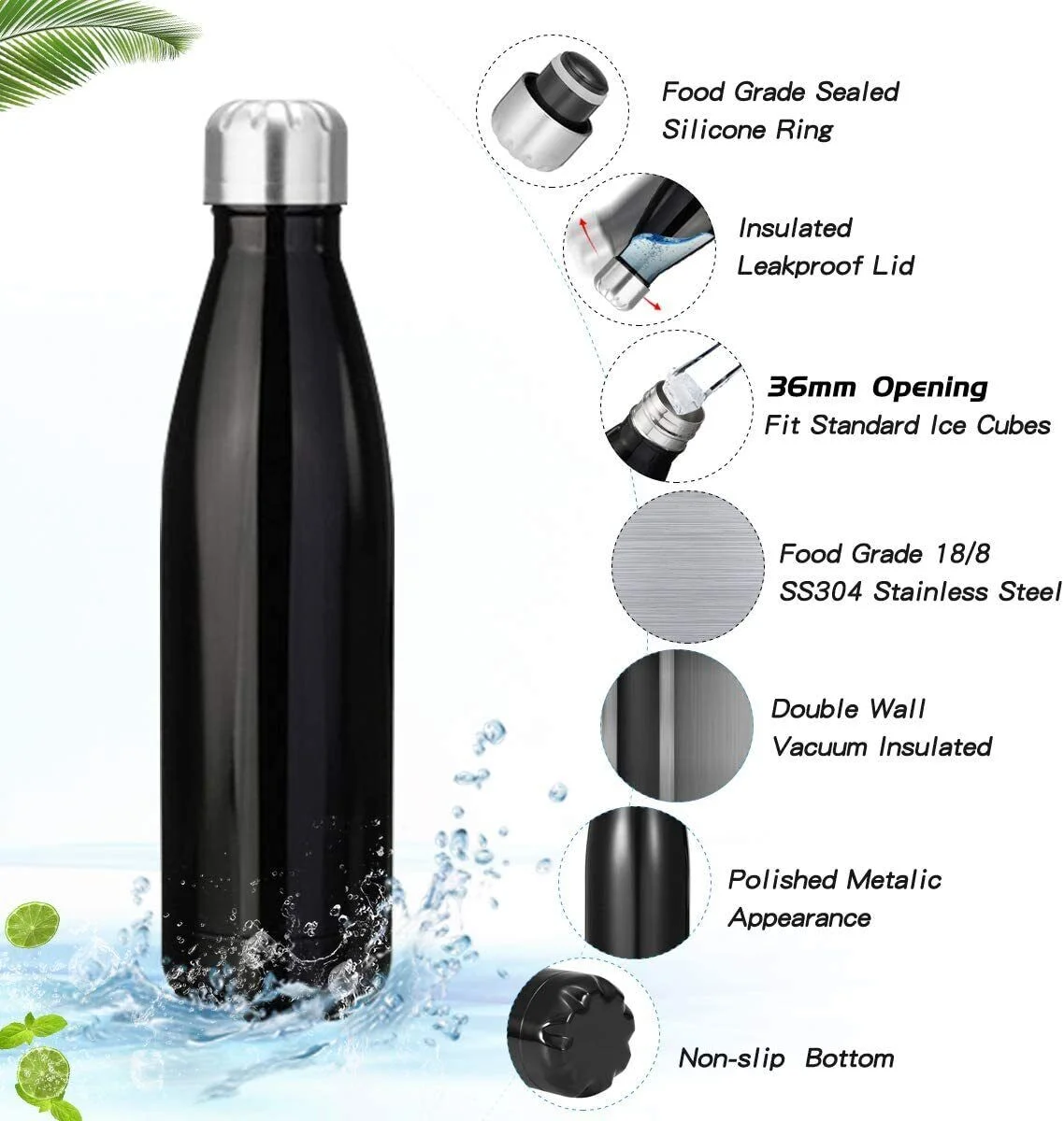 Bottle Non- - Vacuum Insulated Stainless Steel Water Bottle, Thermos Bottle (White)