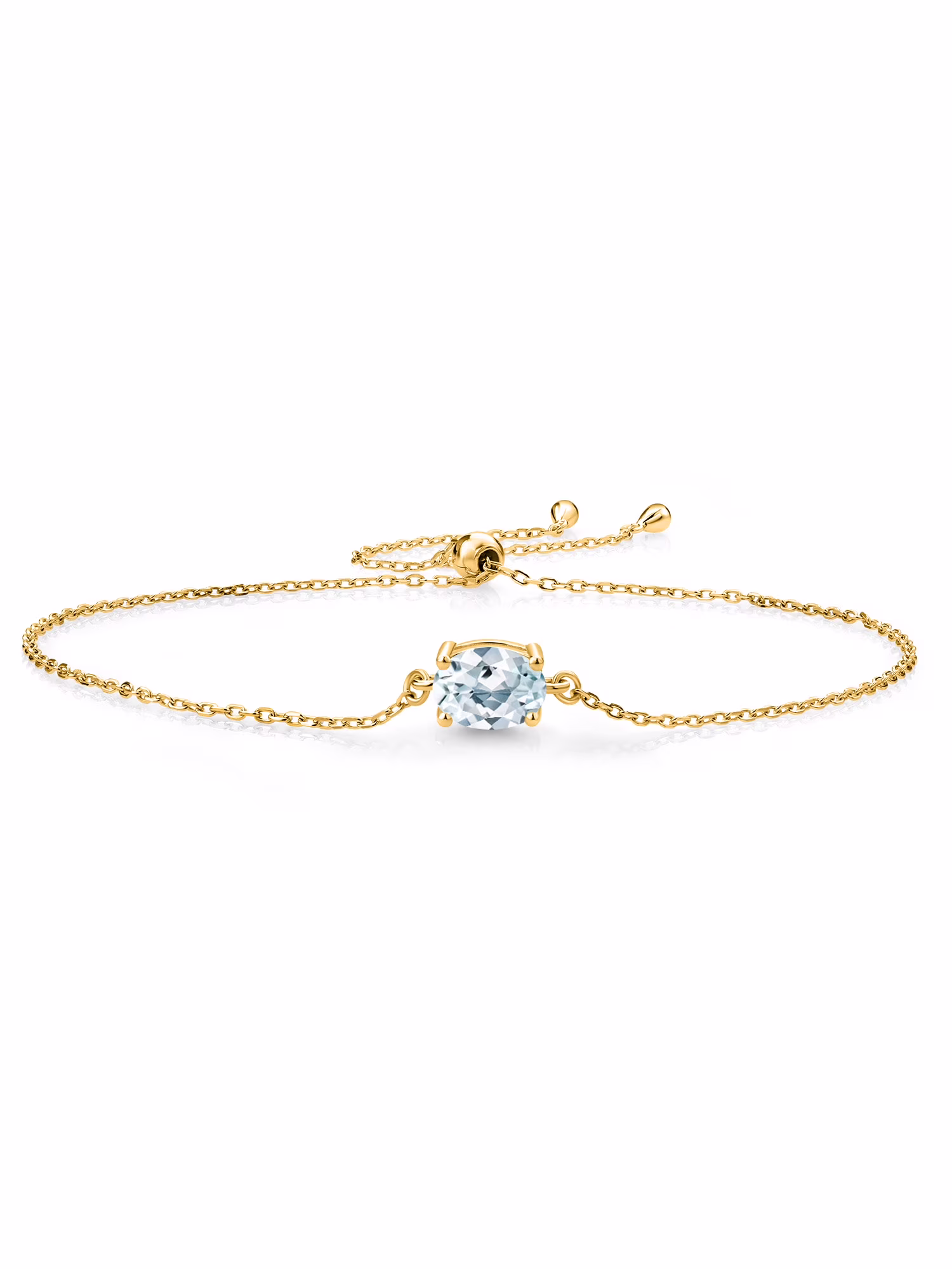 Gem Stone King 18K Yellow Gold Plated Silver Sky Blue Aquamarine Solitaire Bracelet For Women (1.20 Cttw, Oval 8X6MM, Gemstone March Birthstone, Fully Adjustable Up to 9 inch)
