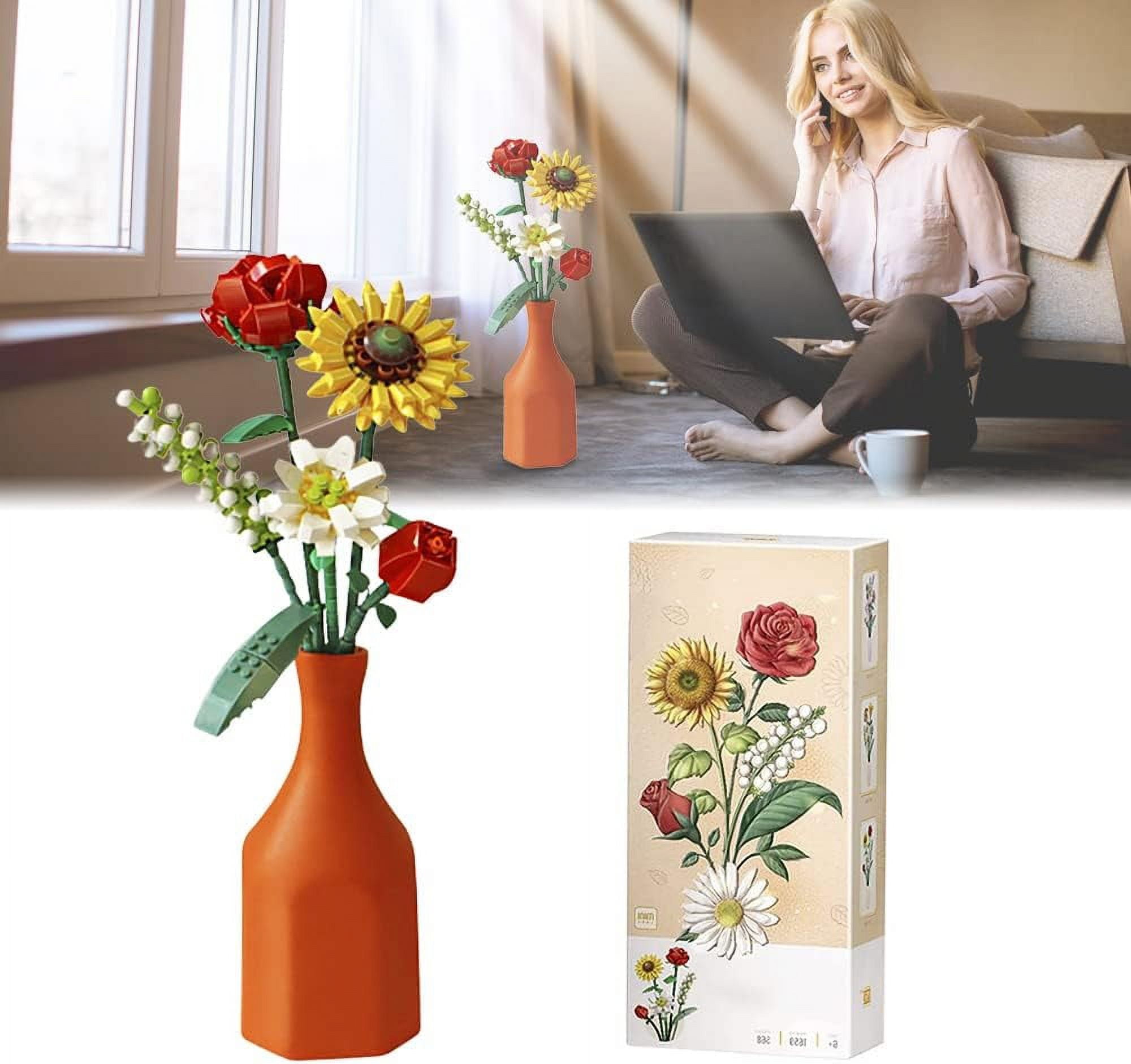 Cumbed Flower Bouquet Building Kit,Without Vase, Flower Building Blocks, Artificial Flowers Building Toys Creative Project for Adults Botanical Collection 568 PCS