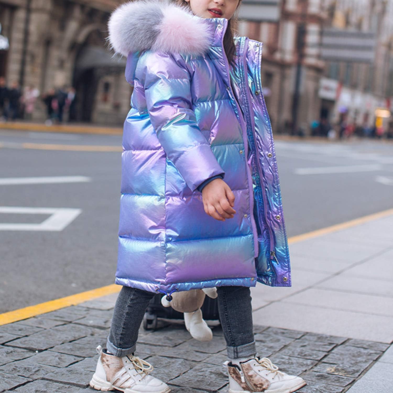 Kids Girls Hooded Shiny Down Jacket Winter Warm Casual Quilted Puffer Coat Outerwear with Faux Fur Collar