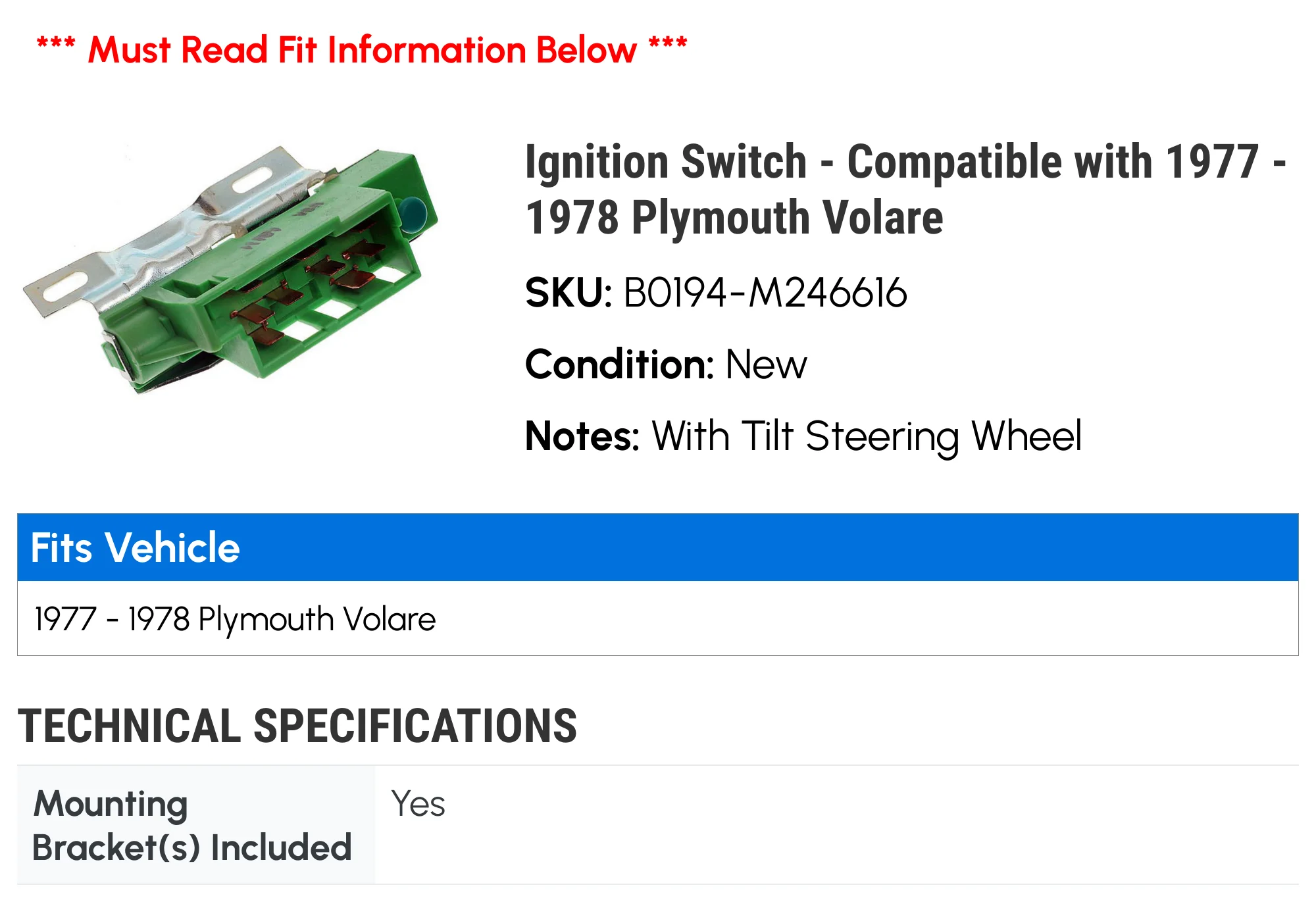 Ignition Switch - Compatible with 1977 - 1978 Plymouth Volare