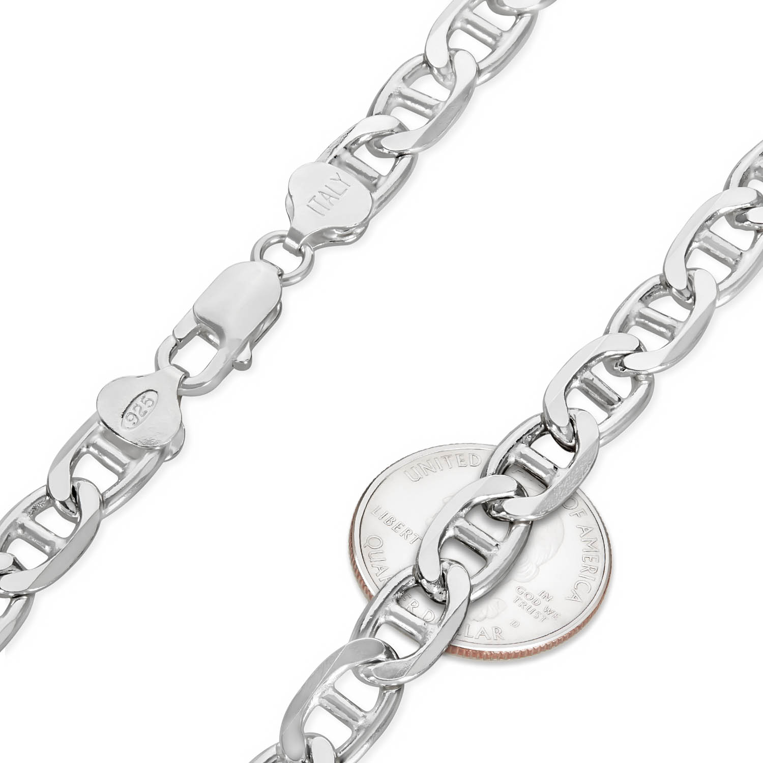 Men's 8mm Solid .925 Sterling Silver Flat Mariner Choker Chain Necklace, 20 inches