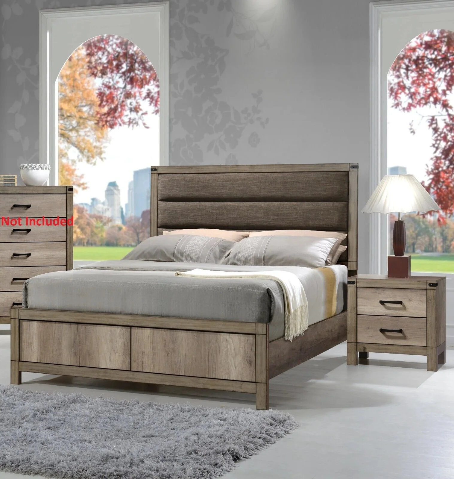 Contemporary 3pc Bedroom Set Upholstered King Size Bed and Nightstands Light Brown Wood Finish Furniture