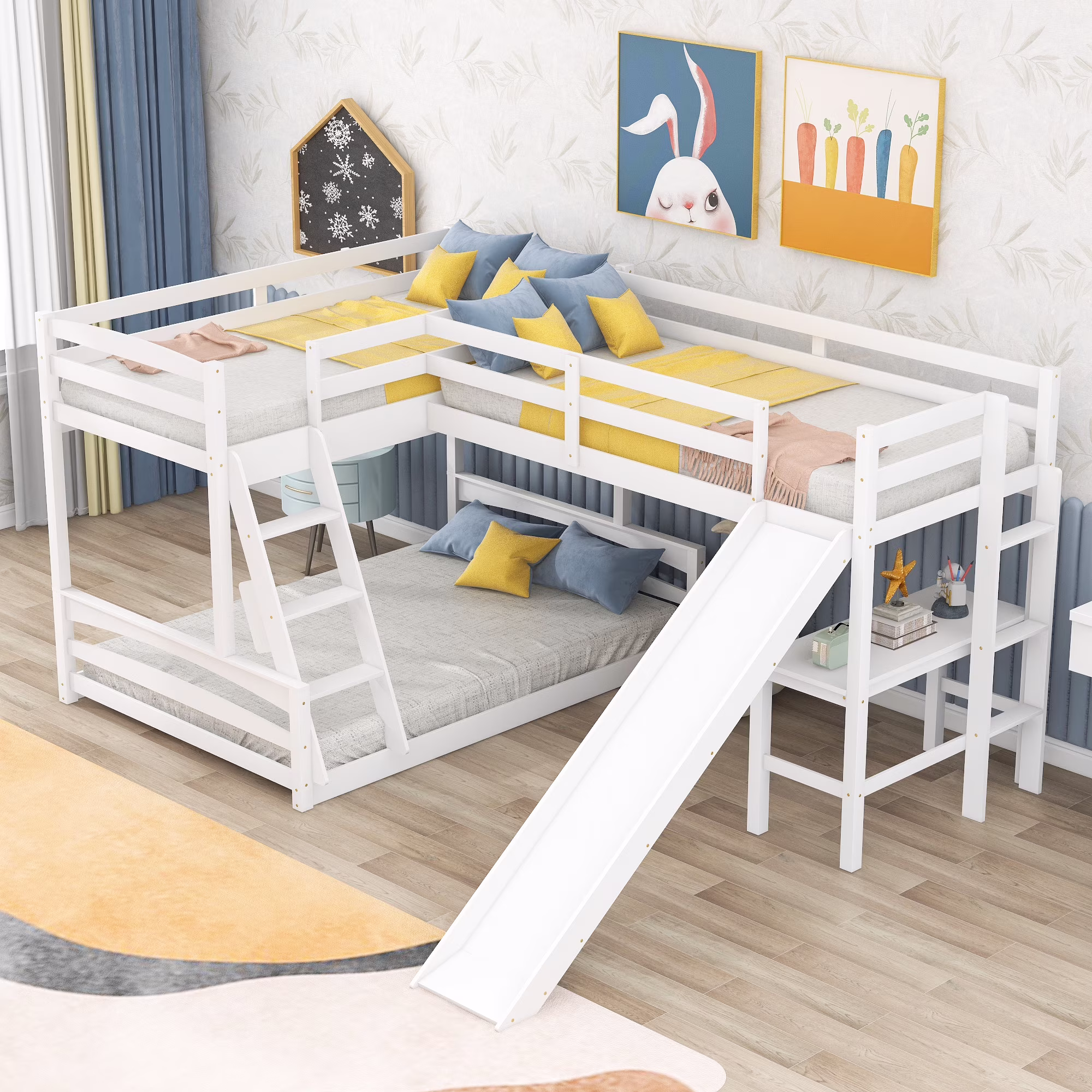 Livspace Twin over Full Bunk Bed with Twin Size Loft Bed with Desk and Slide,Full-Length Guardrail, White