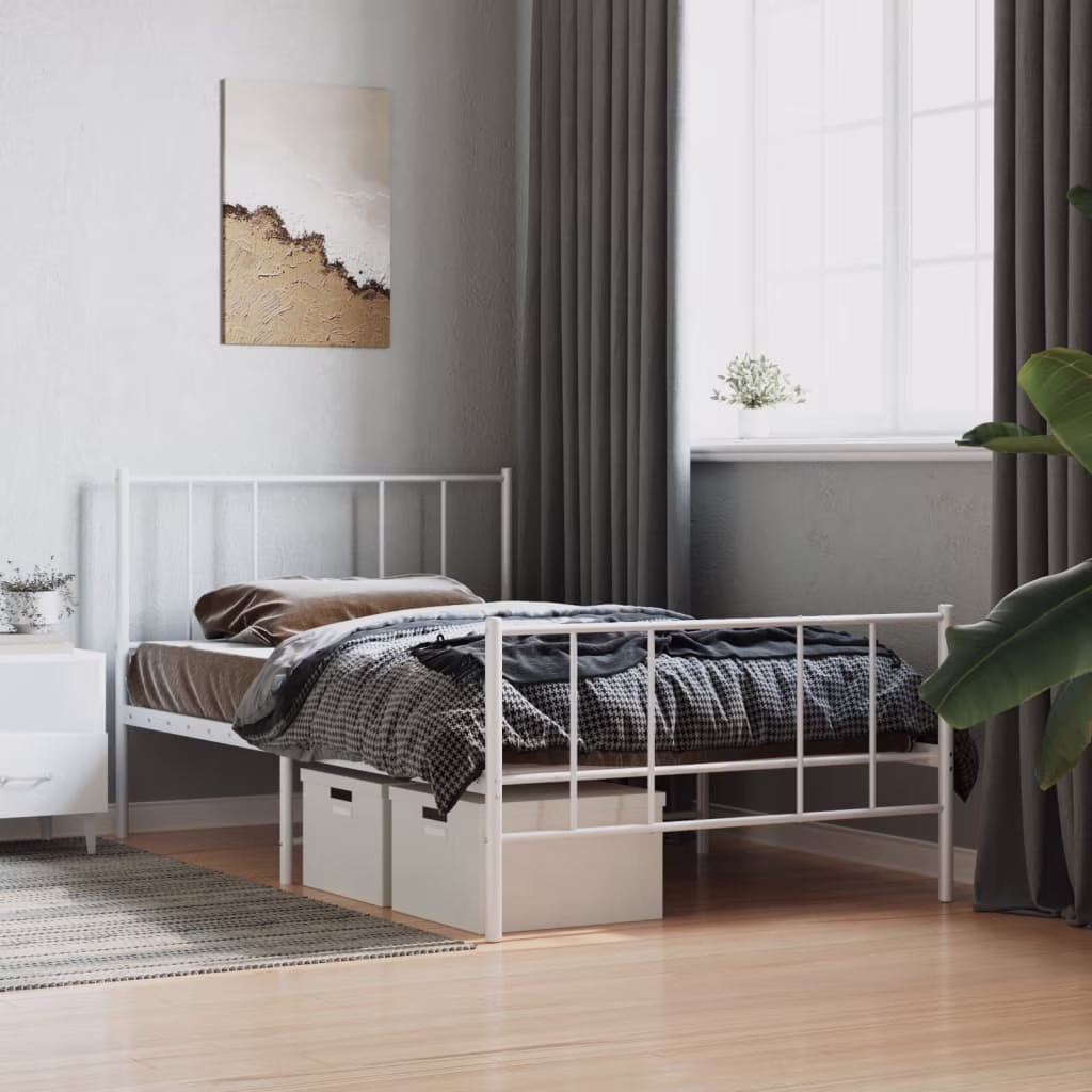 Anself Metal Bed Frame with Headboard and Footboard White 39.4