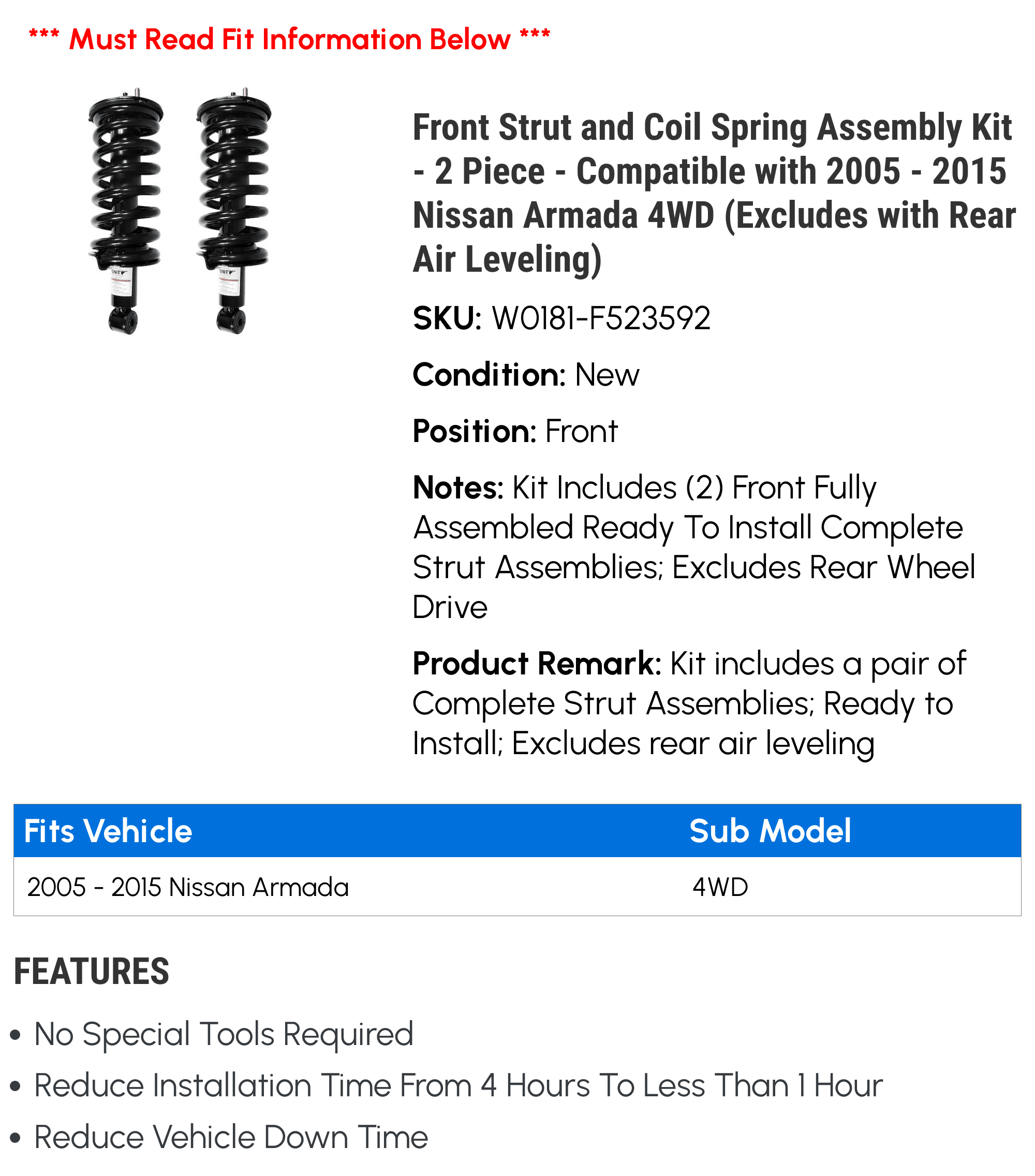 Front Strut and Coil Spring Assembly Kit - 2 Piece - Compatible with 2005 - 2015 Nissan Armada 4WD (Excludes with Rear Air Leveling) 2006 2007 2008 2009 2010 2011 2012 2013 2014