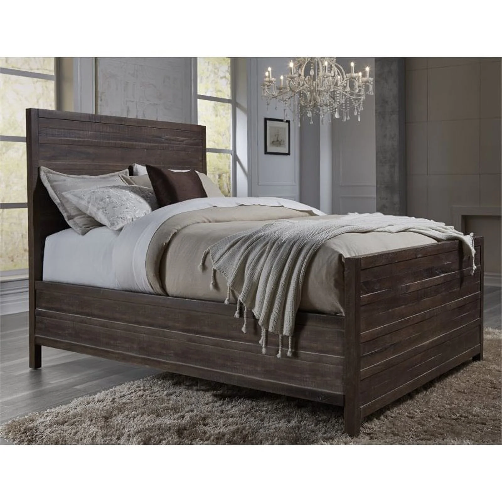 Bowery Hill Farmhouse Metal California King Solid Wood Panel Bed in Espresso