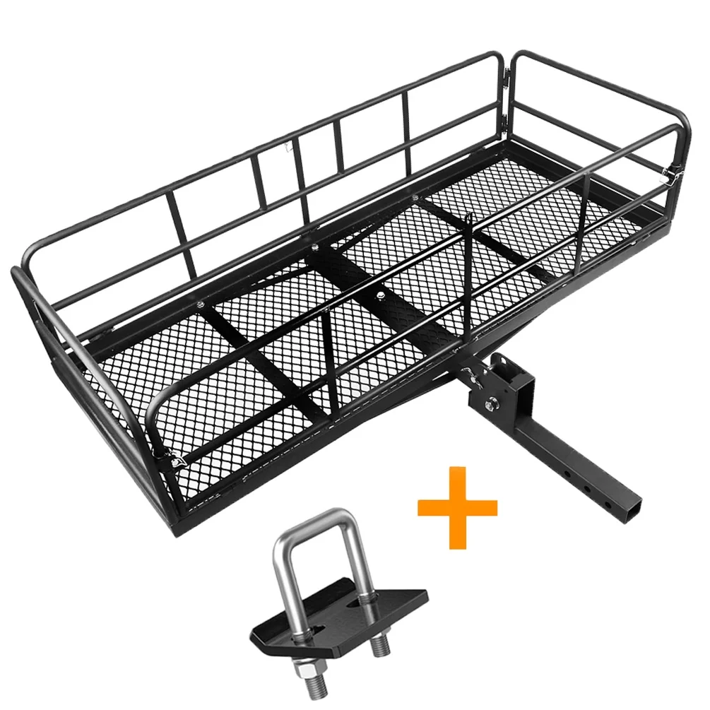 Leader Accessories High Side Folding Trailer Hitch Mount Cargo Rack Carrier Luggage Basket 59”L x 24”W x 14''H with Anti-Rattle Stabilizer Fits 2