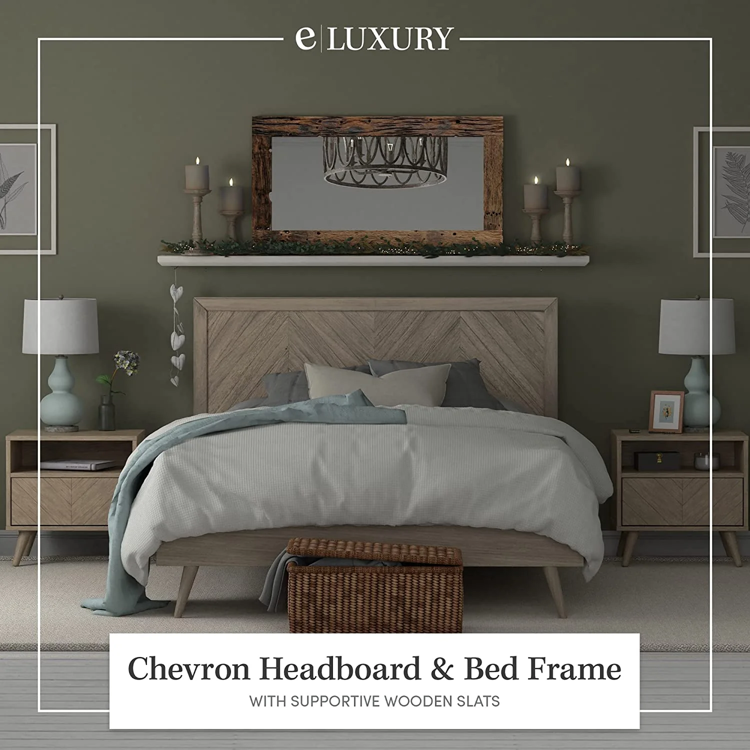 Chevron Wood Bed Frame with Adjustable Headboard | Solid Mahogany Wood | Queen  Grey | No Box Spring Needed | Easy Assembly