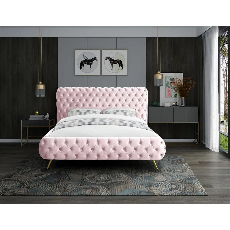 Meridian Furniture Delano Solid Wood Tufted Velvet Queen Bed in Pink