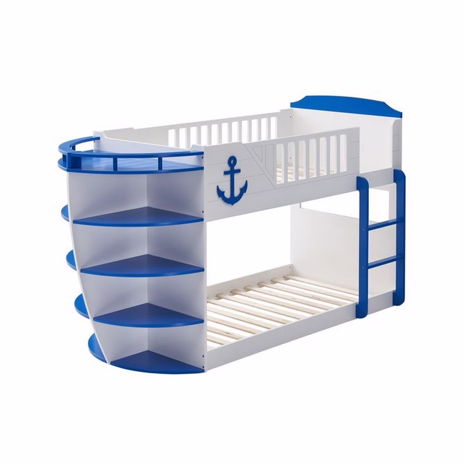 Benjara Twin over Twin Bunk Bed with 9 Shelves and Nautical Design, White and Blue