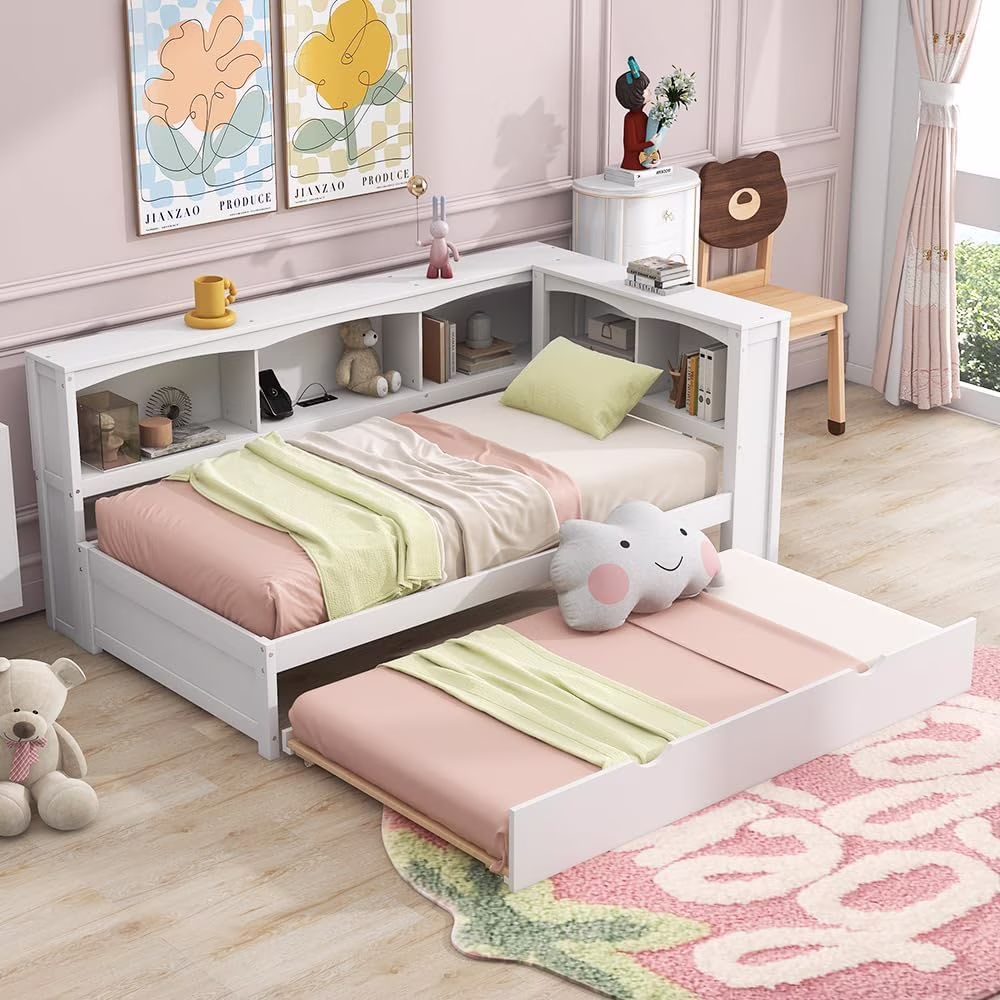 Size Daybed With Trundle, Wood Daybed With L-Shape Bookcase And USB Ports, Daybed With Storage Cabinets And Trundle For Kids Teens Adults, White