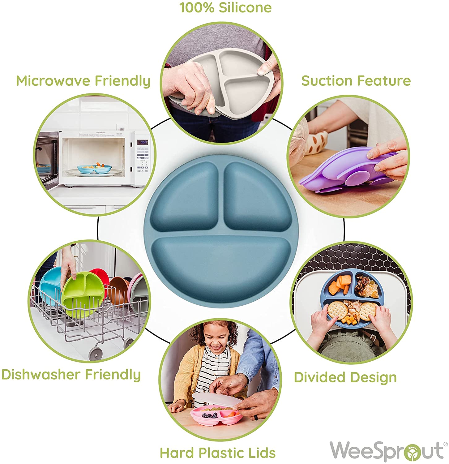 WeeSprout 100% Silicone, Suction Dishware Plate with Lids for Babies Toddlers, Divided Design, Microwave & Dishwasher Safe, 3 Pack  (Matte Blue, Pink & Off White)