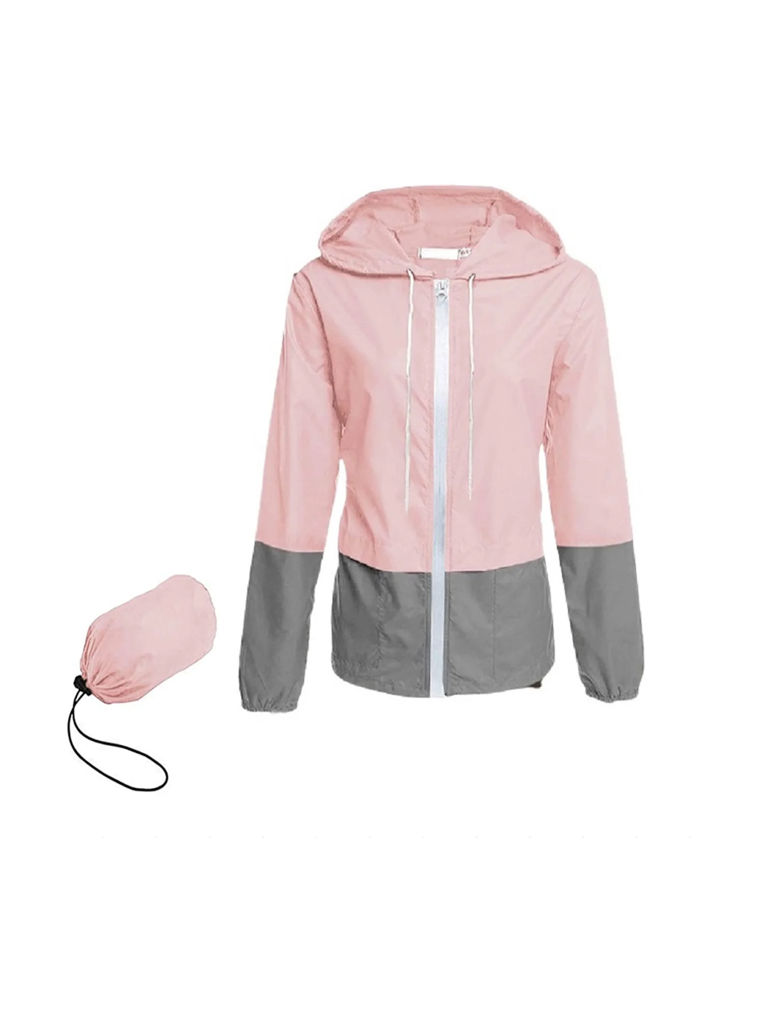 Chollius Women Packable Rain Jacket Outdoor Color Block Hooded Windbreaker