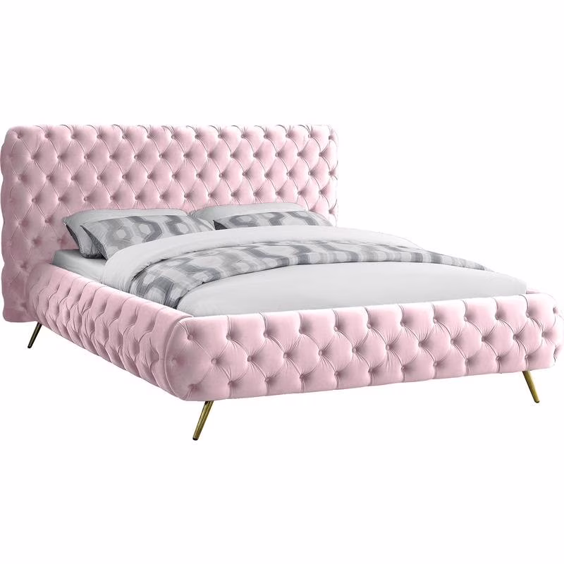 Maklaine Contemporary Solid Wood Tufted Velvet Queen Bed in Pink