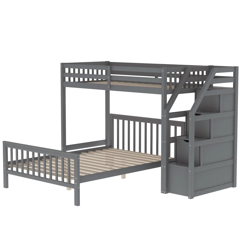 Cosymart Twin over Full Loft Bed with Staircase,Gray(OLD SKU:SM000107AAE)