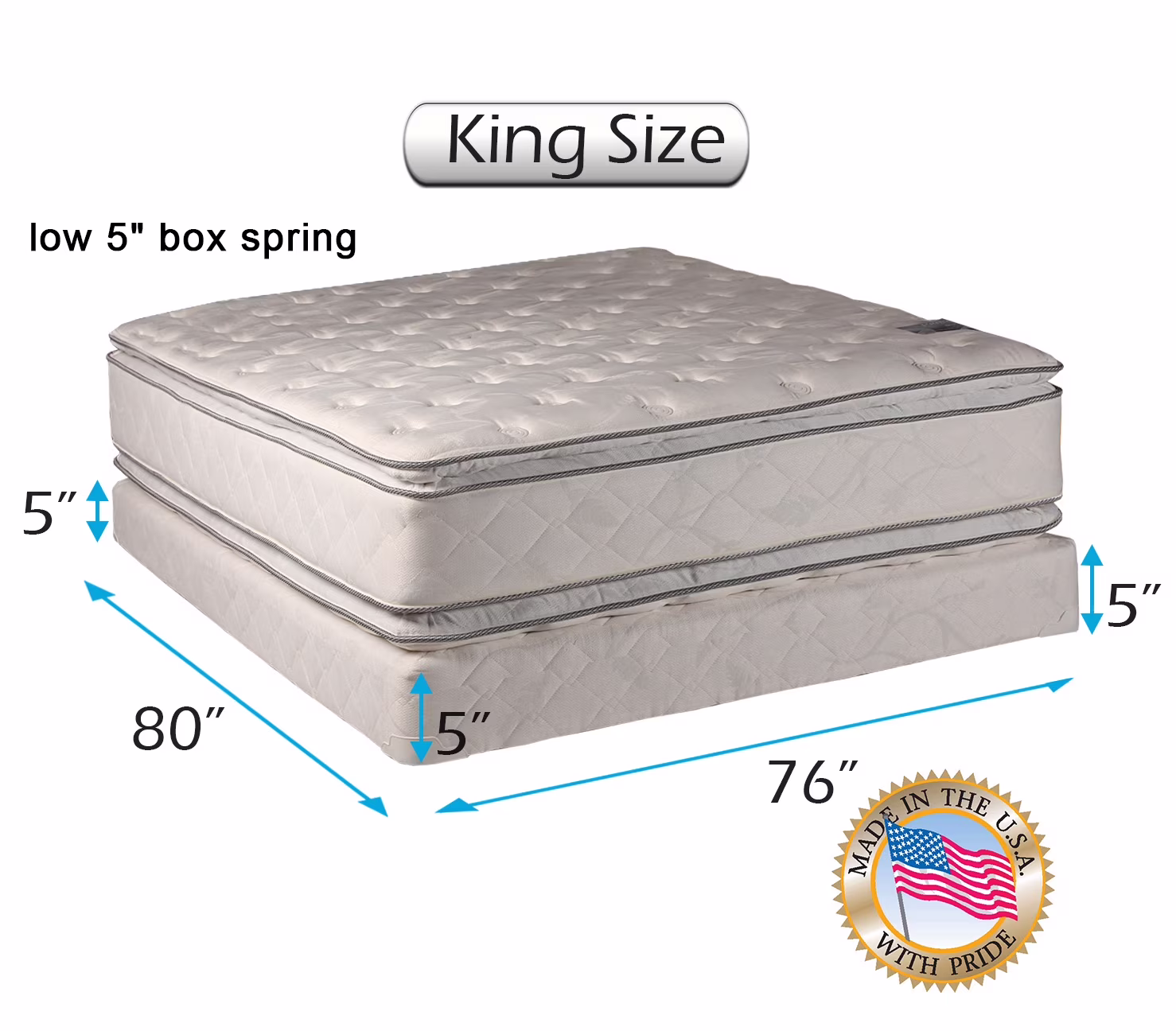 Dream Solutions USA Brand Soft PillowTop Mattress and Low Height Box Spring Set (King Size) Double-Sided Sleep System with Enhanced Cushion Support- Fully Assembled, Back Support, Longlasting Quality