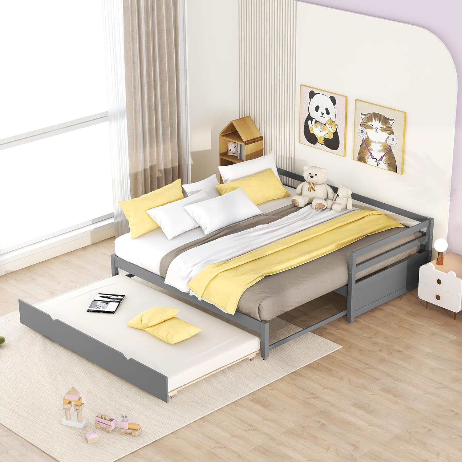 Exedable Daybed Wih rudle, Wood o Dble Daybed Wih Pull rudle, rudle Daybed For Kids ees, Exedig Sofa Bed For Livig Room, Bedroom, Gues Room,Grey