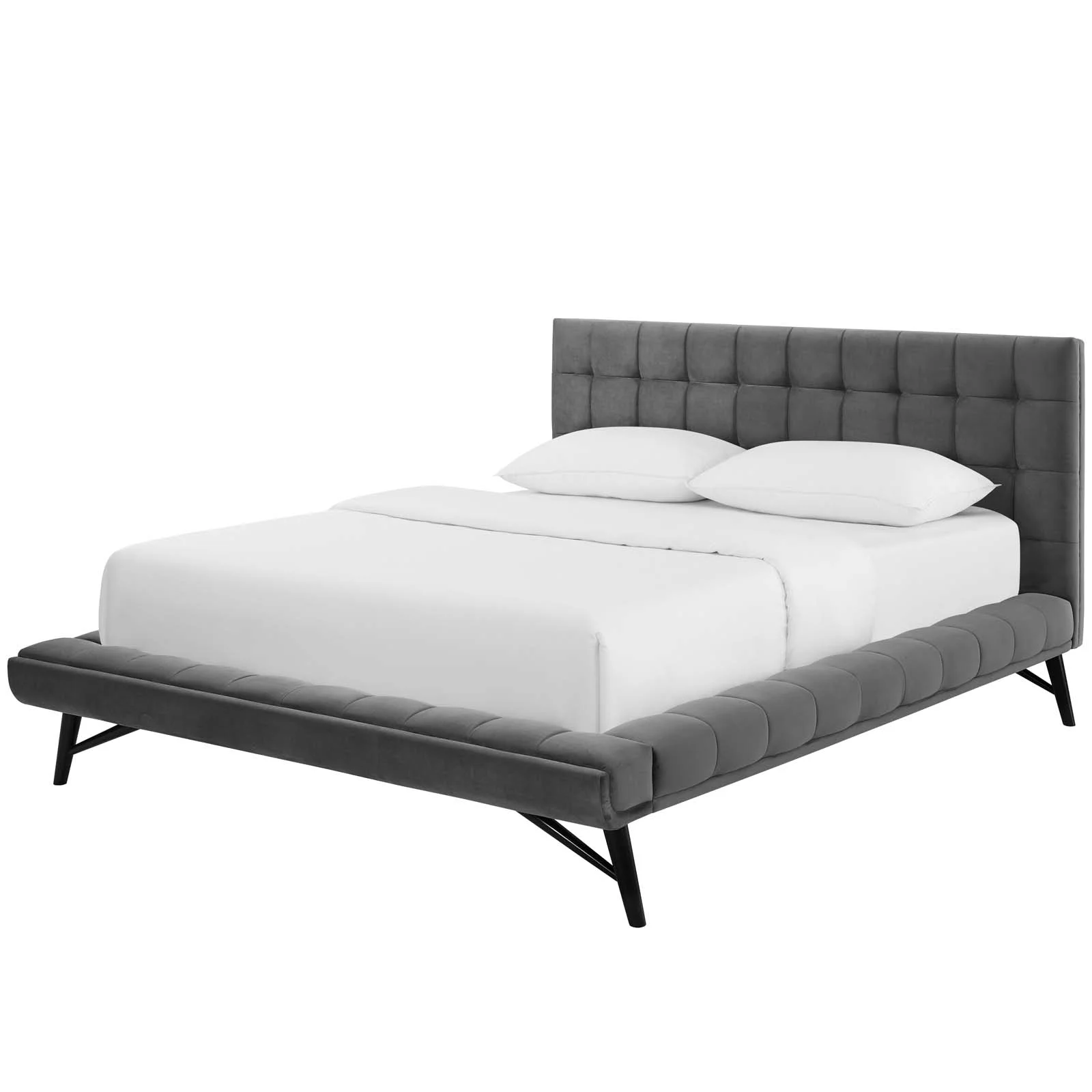 Contemporary Modern Urban Designer Bedroom Queen Size Platform Bed Frame, Velvet Fabric, Grey Gray