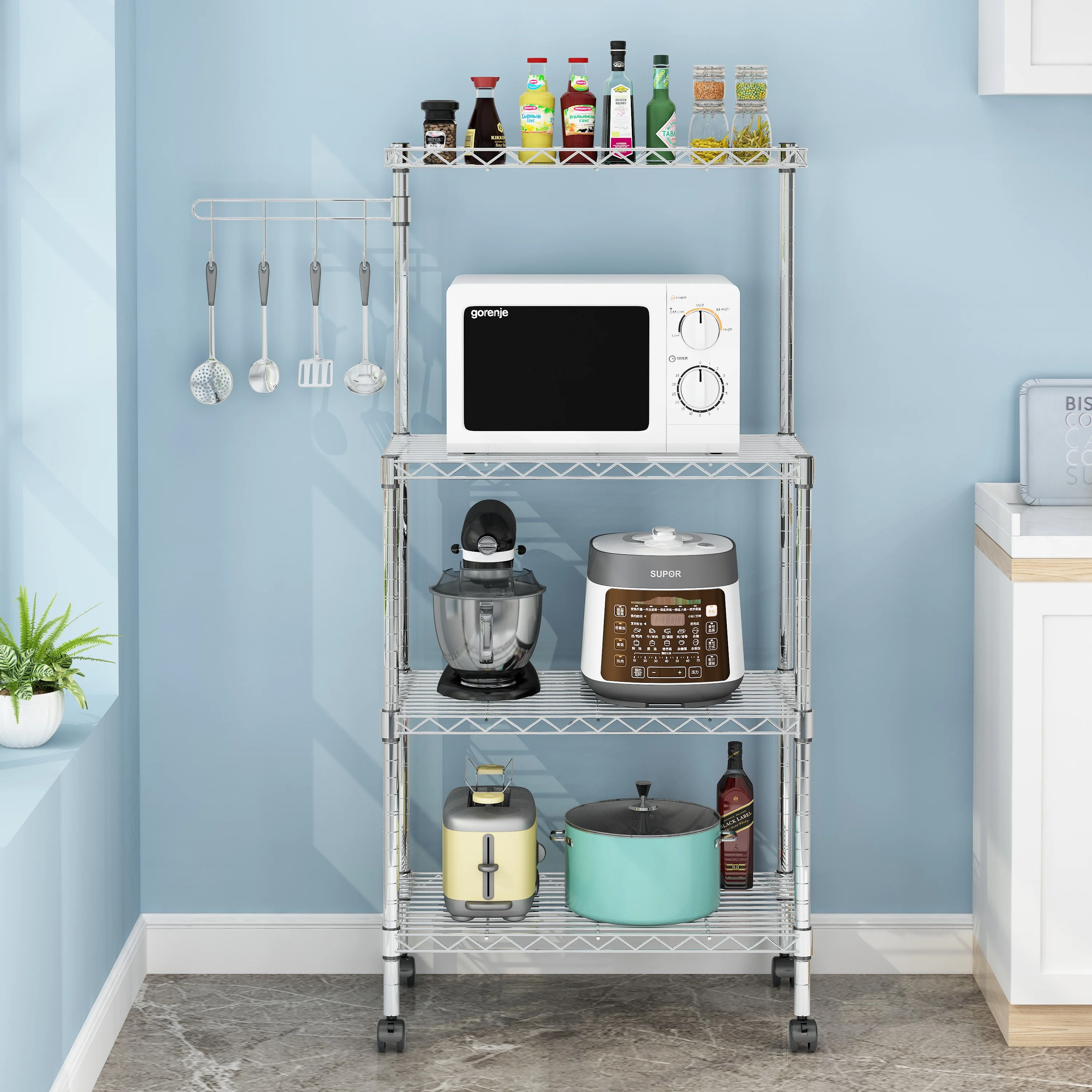 SalonMore 4-Tier Adjustable Bakers Rack Kitchen Storage Rack Microwave Oven Stand Workstation with Hanging Hooks Chrome