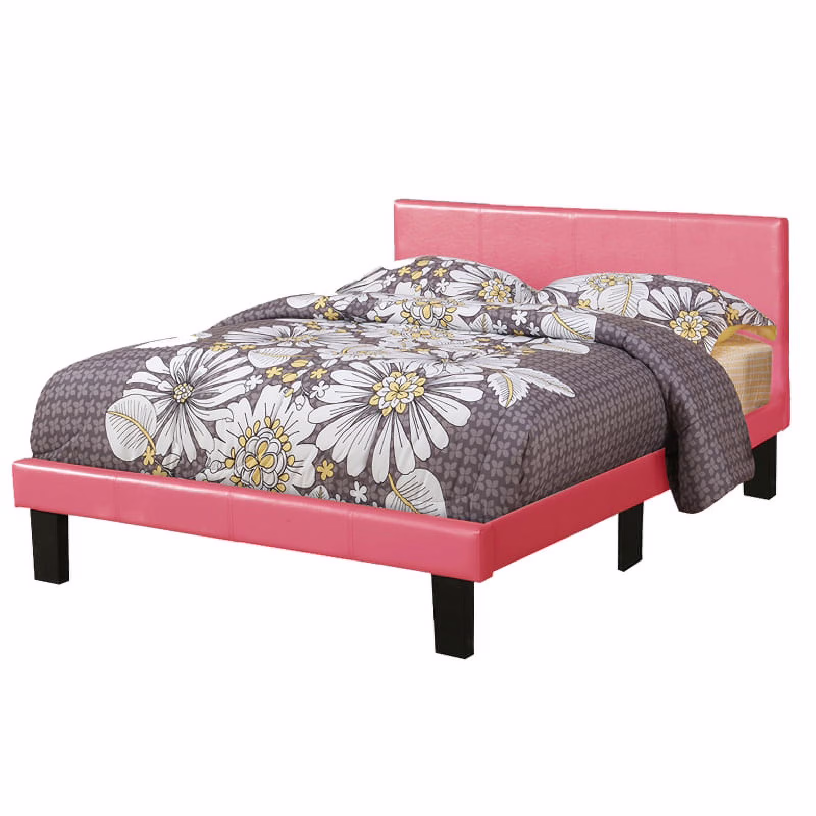 Rosebery Kids Contemporary Twin Faux Leather Bed Frame with 12 Slats in Pink