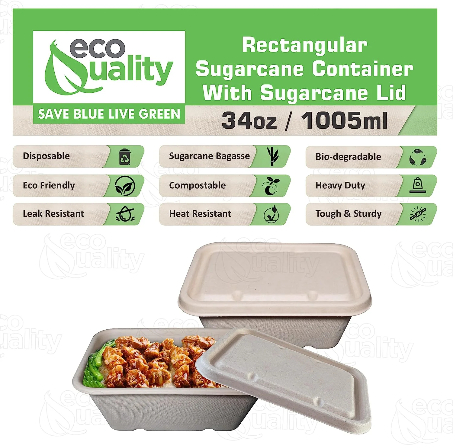 (25 Pack) EcoQuality 34oz Disposable Bowls with Fiber Lids - Rectangular Compostable Sugarcane Fiber Biodegradable Paper Bowls Eco-Friendly Take Out Food Storage Containers, Microwave Safe, Meal Prep