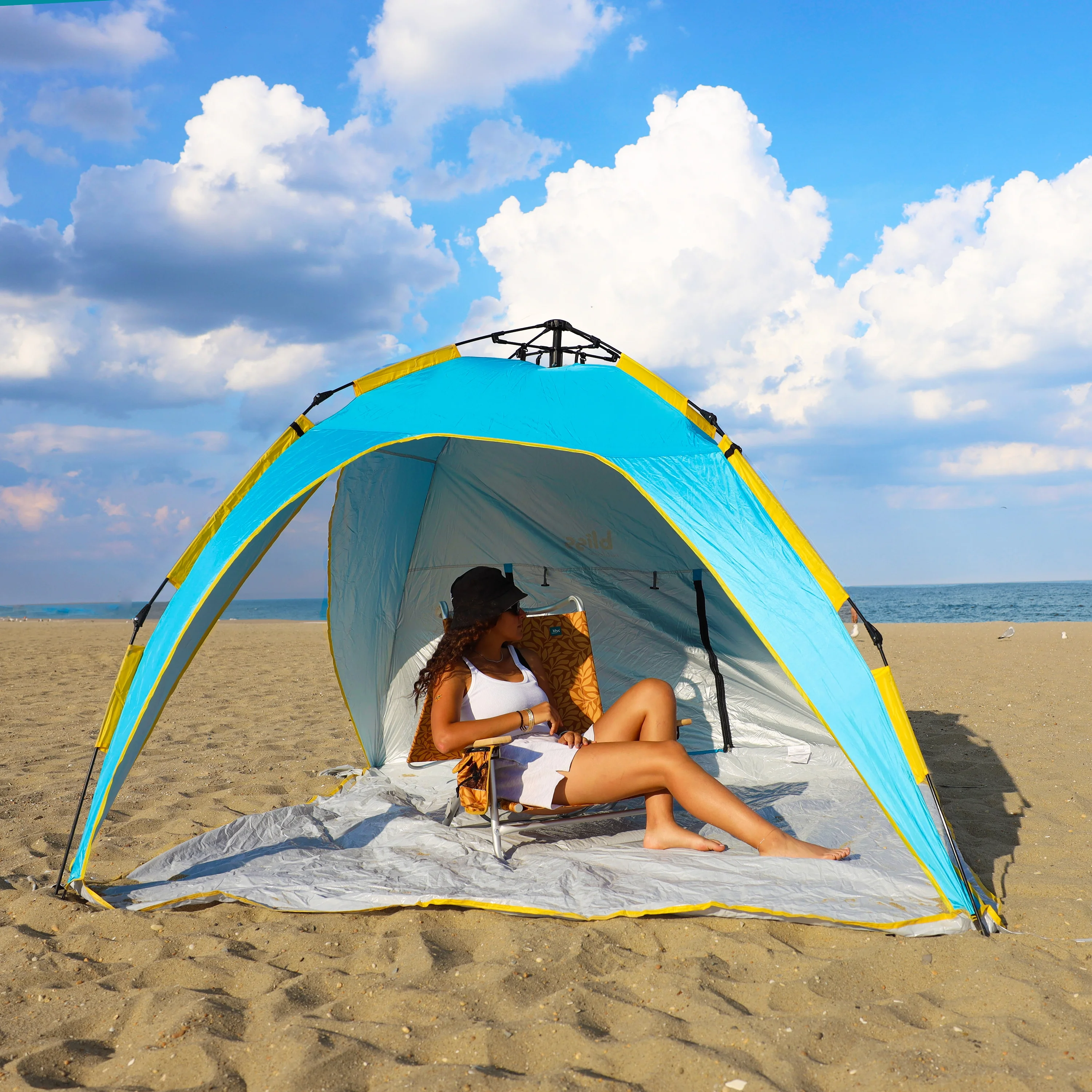 Bliss Hammocks Pop-up Collapsible Beach Tent with Carry Bag, Wind Resistant - Blue & Yellow