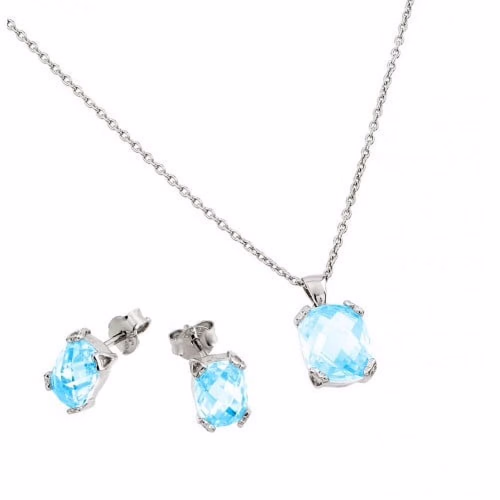 Prong Set Earring-Pendant Set with French Cut Aquamarine Diamonds by Diamond Essence set in Sterling Silver