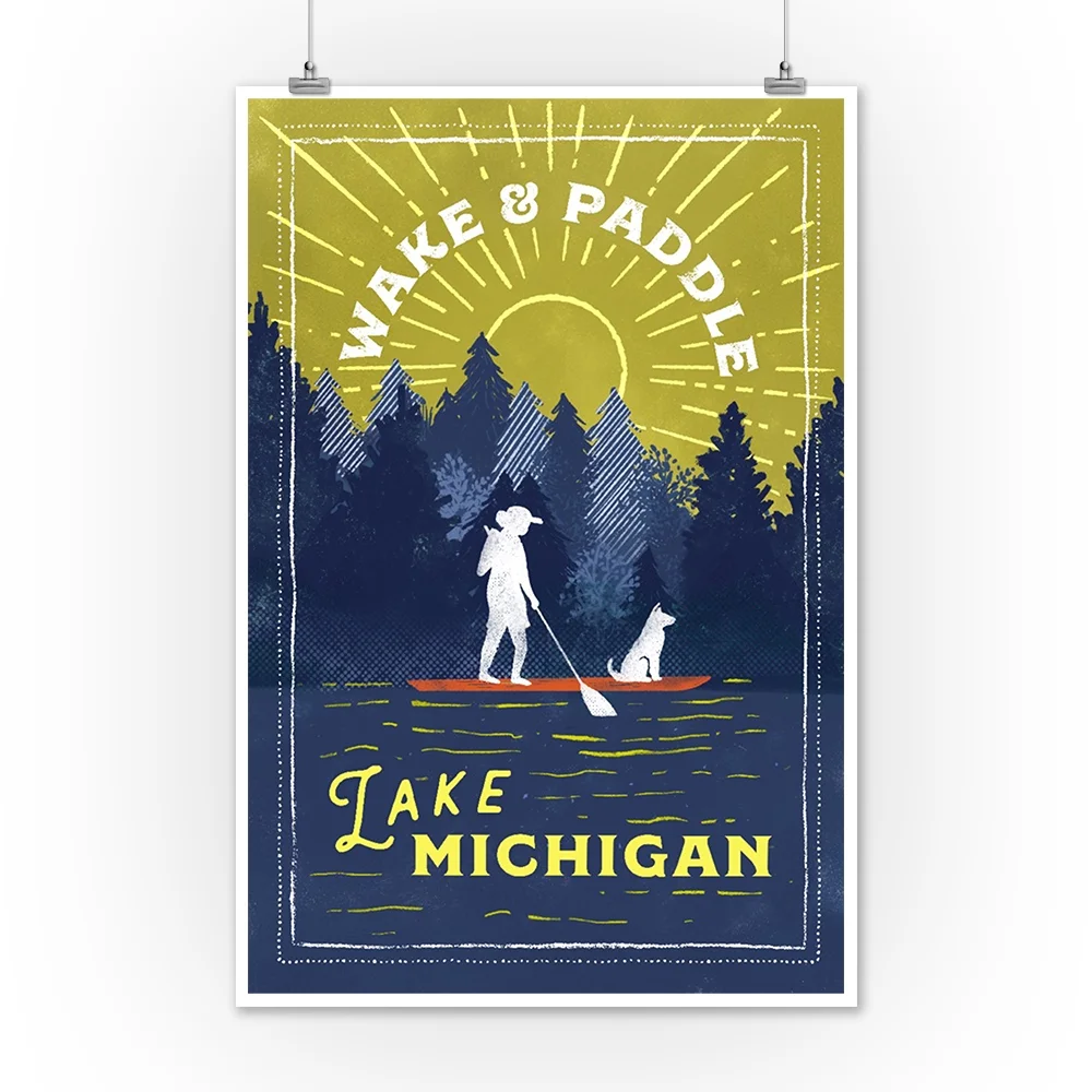 Lake Michigan, Lake Life Series, Wake and Paddle, Landscape With Trees (12x18 Wall Art Poster, Room Decor)