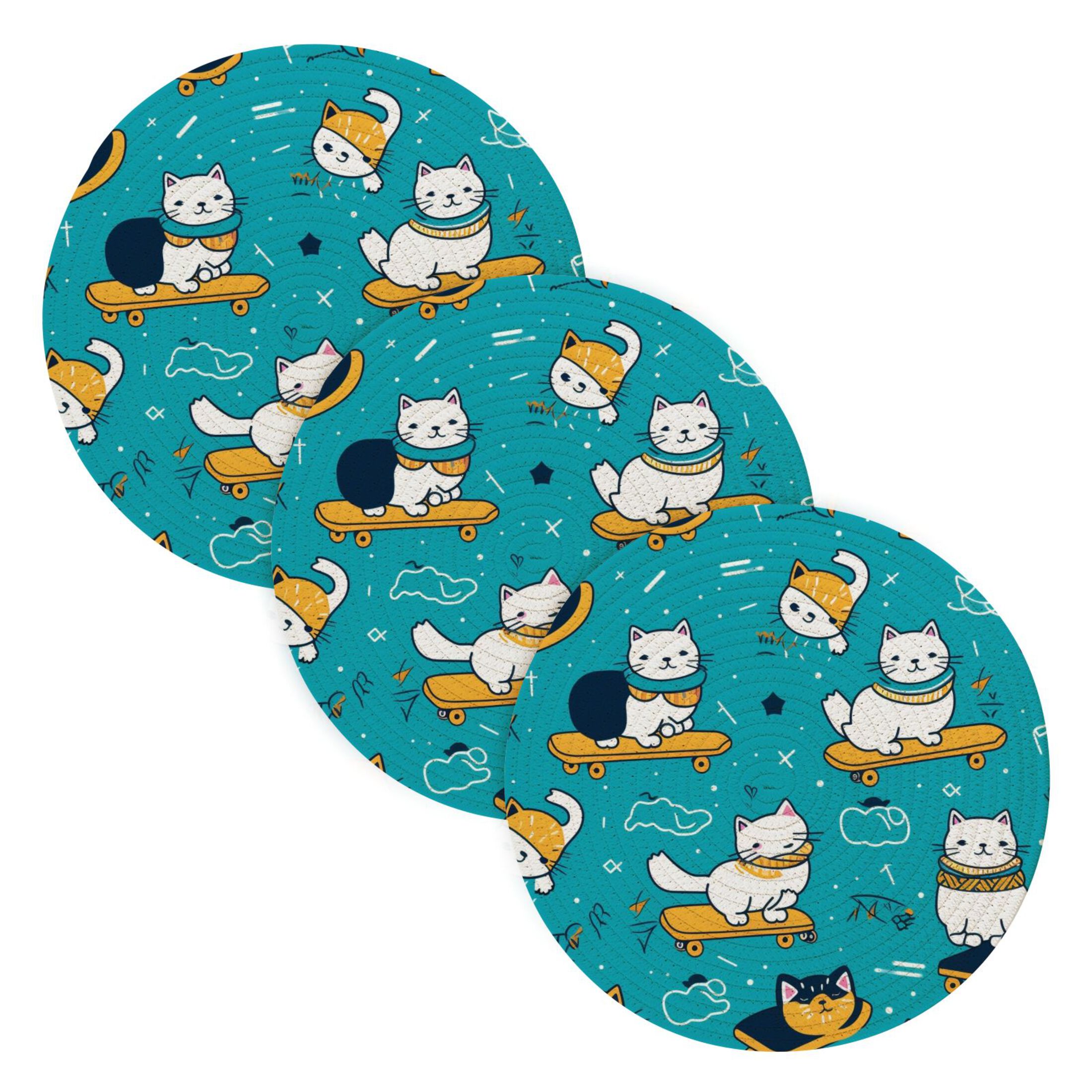 Cat with Skateboard 3 PCs Pot Holders Trivets Kitchen 15