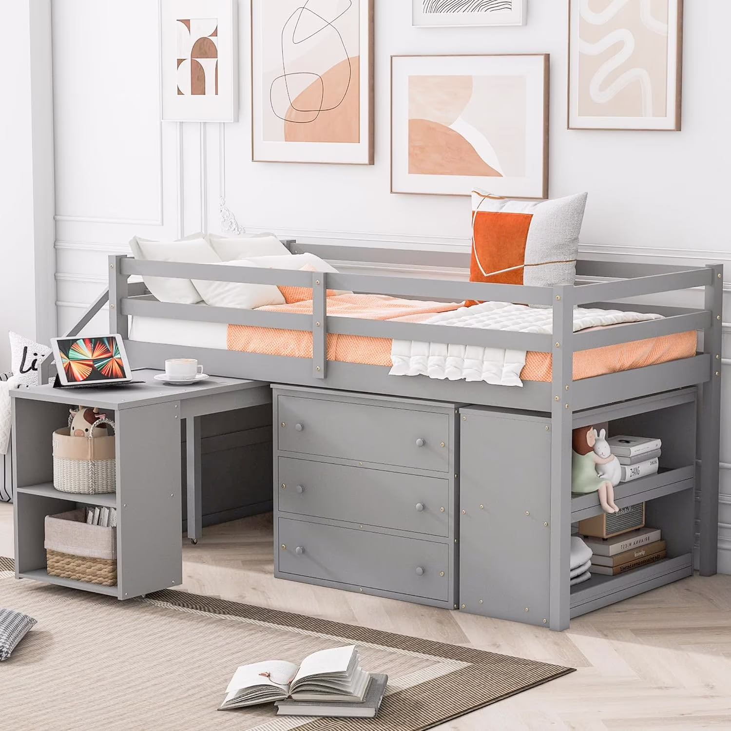 Low Lof Bed Wih Sairs Ad Desk, Size Lof Bed Frame Wih Sorage Drawers Ad Shelves, Wood Kids Lof Bed Wih Seps For Boys Girls ees Juiors, Gray