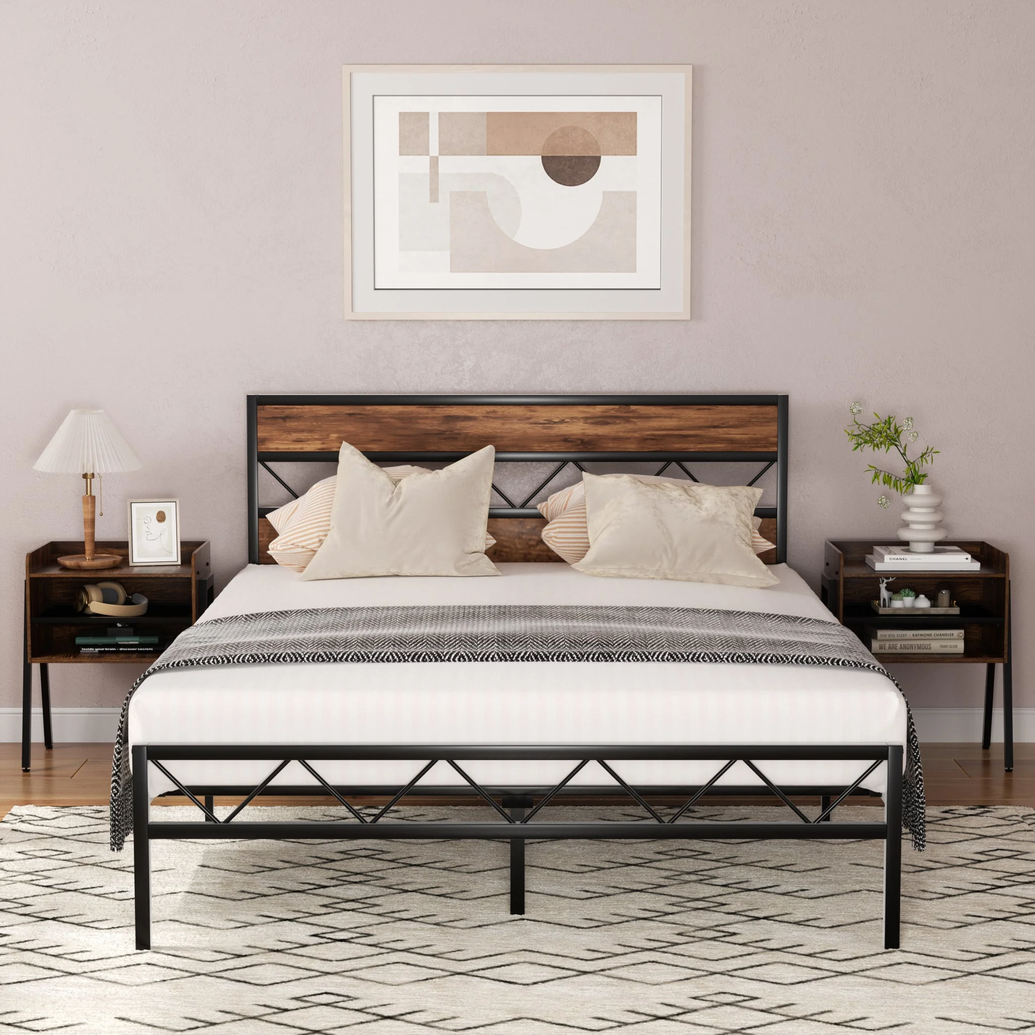 VECELO 3-Piece Bedroom Sets, Queen Size Metal Bed Frame and 2 Brown Nightstands