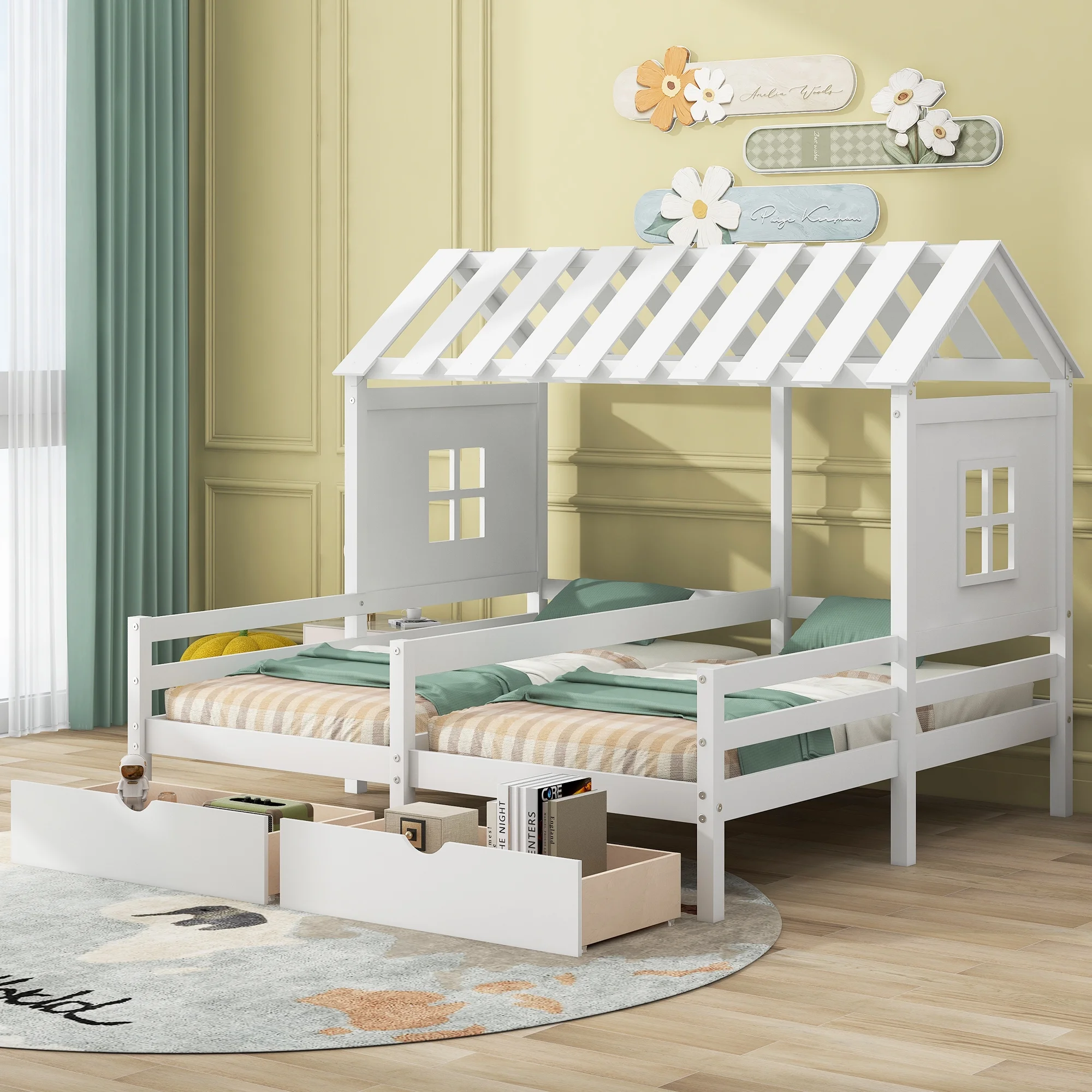 CoSoTower Twin Size House Platform Beds with Two Drawers for Boy and Girl Shared Beds, Combination of 2 Side By Side Twin Size Beds, White