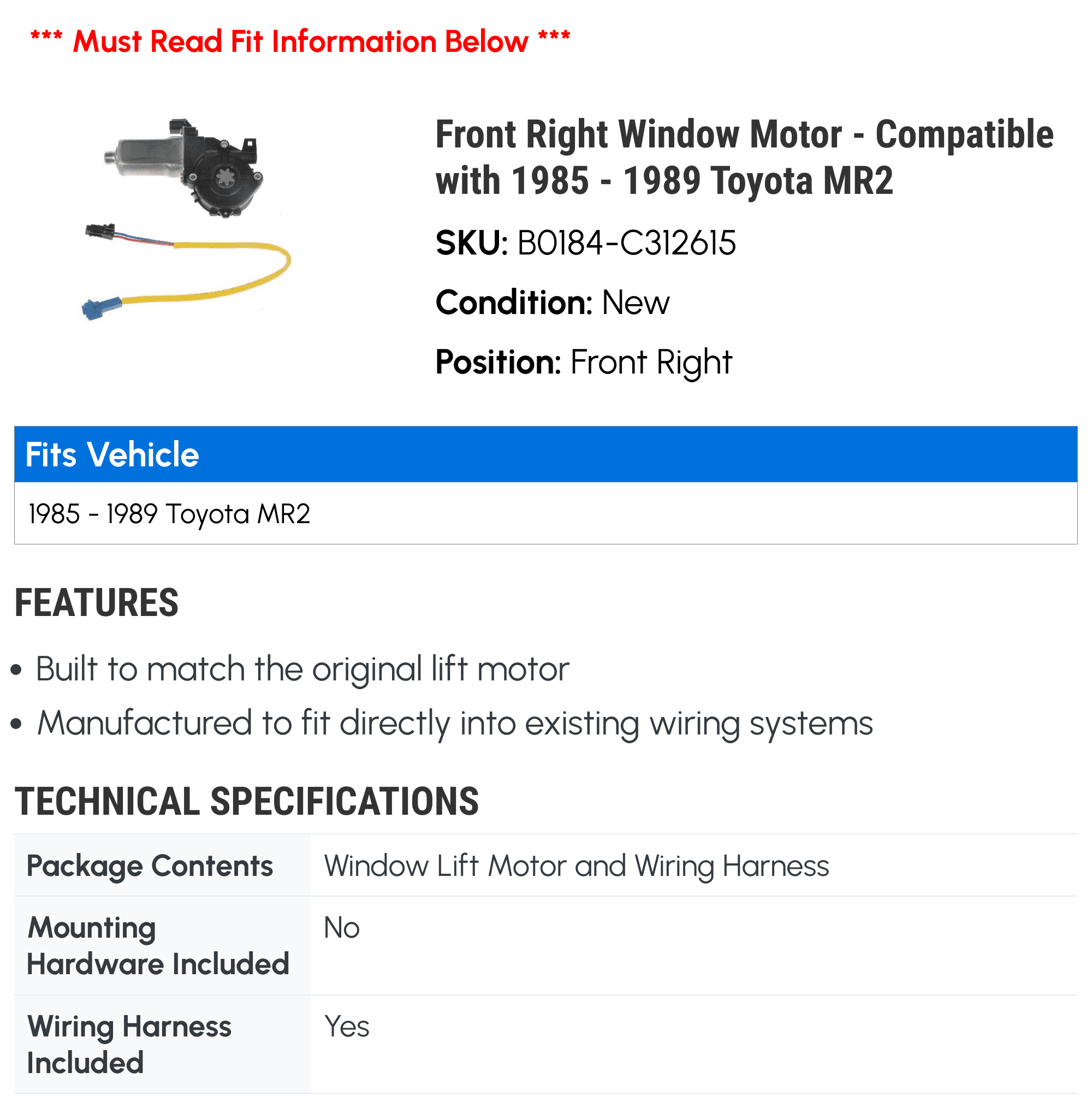 Front Right Window Motor - Compatible with 1985 - 1989 Toyota MR2 1986 1987 1988
