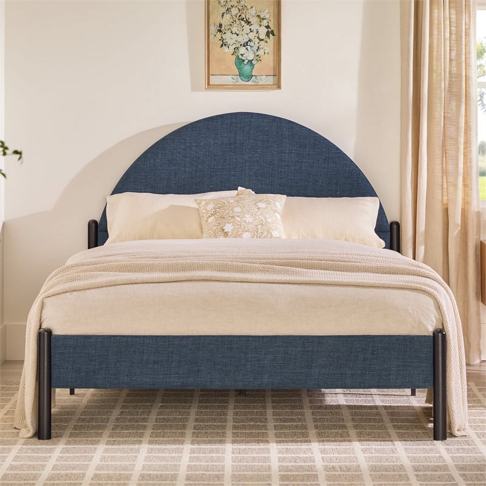 Pemberly Row Upholstered Metal Queen Bed with Arched Headboard in Blue