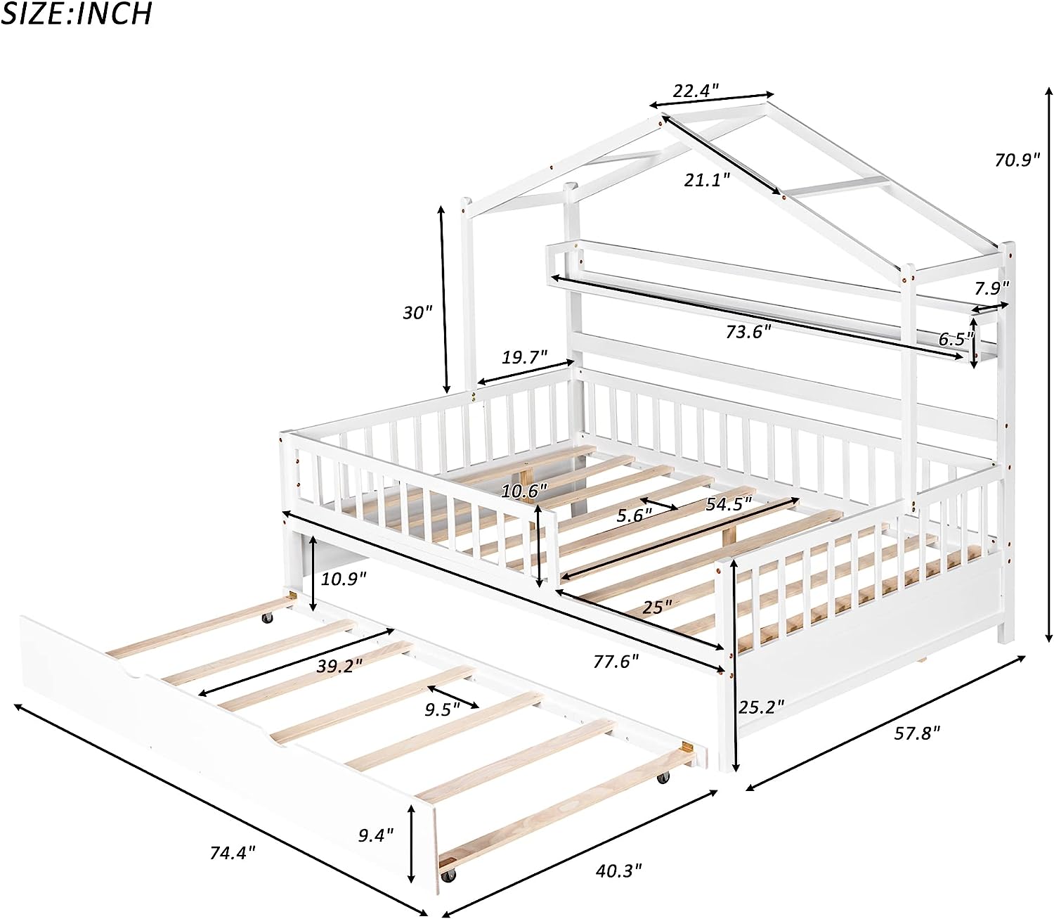 Wooden Full Size House Bed with Twin Size Trundle, House Bed with Storage Shelf Headboard for Kids, Kids Bed with Shelf
