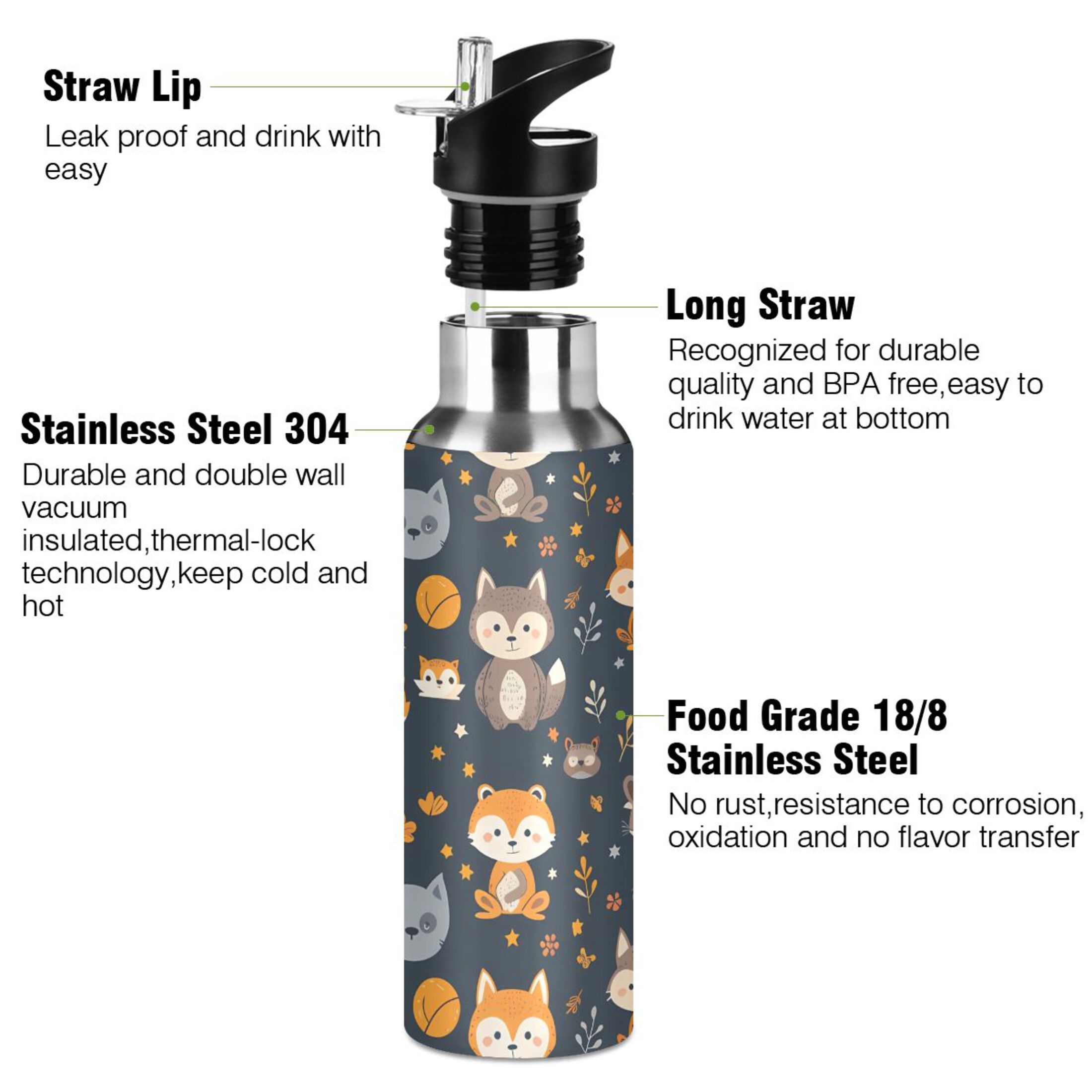 Cute Cartoon Foxes Water Bottles Insulated Thermos Kids Stainless Steel Bottle with Straw Lid Flask Leakproof for Sports Gym 20 oz