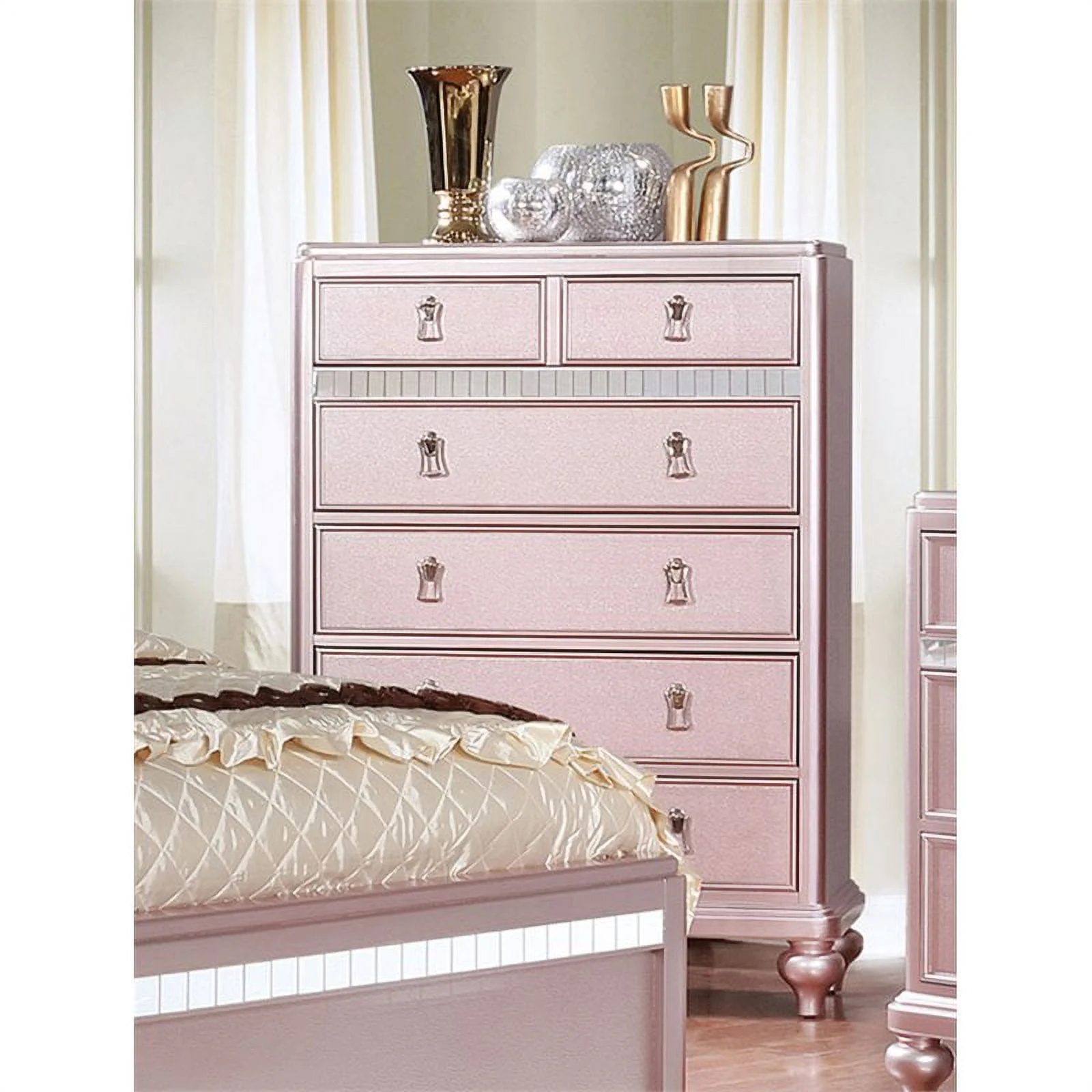 Furniture of America Appell Contemporary Solid Wood 5-Drawer Chest in Rose Gold