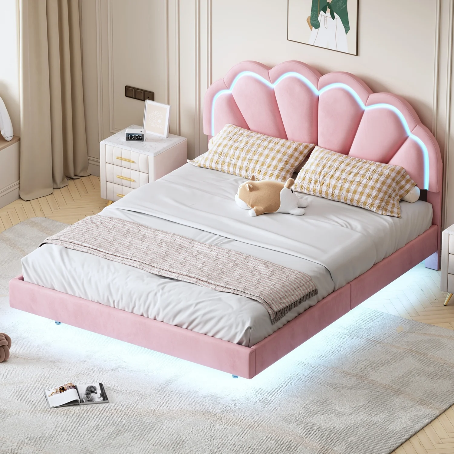 Churanty Queen Pink LED Bed Frame with Wooden Flowers Headboard,Floating Velvet Upholstered Platform Bed Frame with LED Light